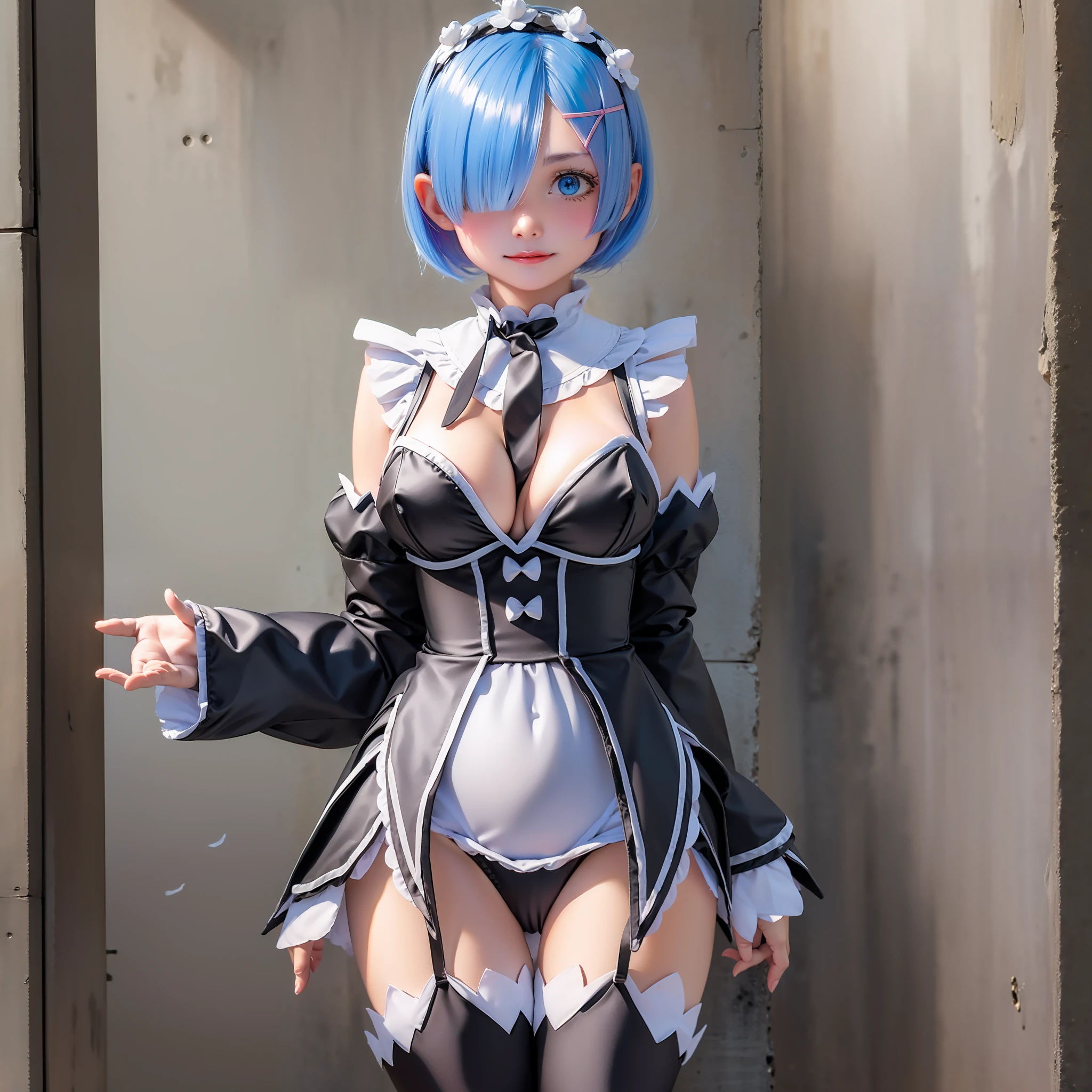 masterpiece, top-quality, Hi-Res, (((((((Evil Fall))))))), (((((Leotard))))), (Hollow eyes), (((Colossal tits))), (((neck tie))), Remu, ((Enamel material)), ((Glossy material)), 1girl in, 独奏, (((Standing picture))),Remu(Re:Life in another world starting from scratch), Blue hair, white thighhig, (((short-hair))), blue eyess, Hair above one eye, ((frilld)), ((garter strap)),deadpan, Full body view
