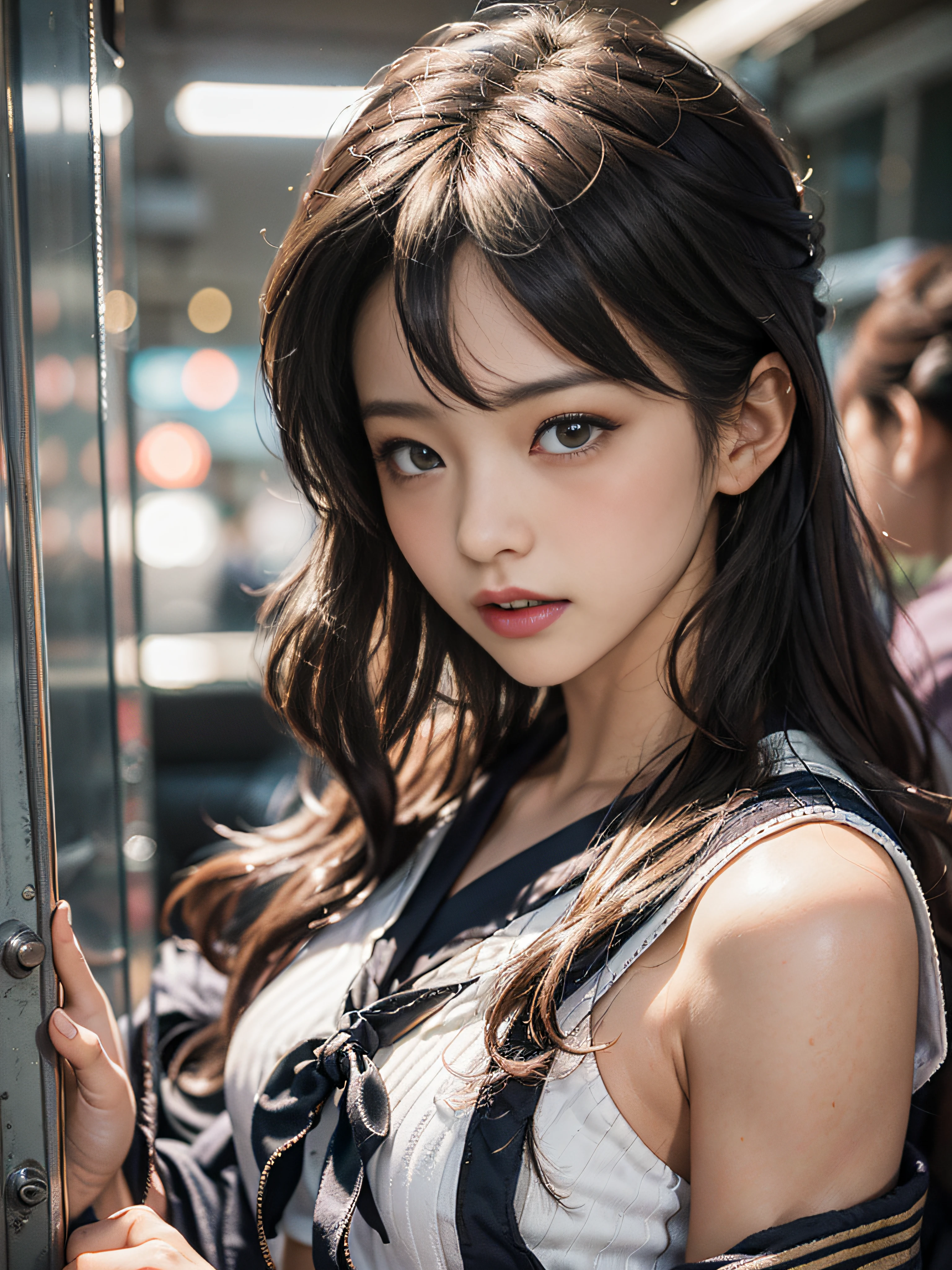 ((Realistic lighting、top-quality、in 8K、​masterpiece:1.3))、Clear focus:1.2、1girl in、extremely detailed eye and face、beatiful detailed eyes、Smiling at the camera、Perfect figure:1.4、Slim abs:1.1、((dark brown hair))、(White crop top:1.4)、(outside of house、natta:1.1)、Street、Super fine face、Narrow-eyed、二重まぶた、Beautiful fece、Opened mouth:1.8、stares at the camera、Two beautiful sisters who are most famous in the world、Constriction of the lower back、Beautiful legs、Taut skin、Highly detailed facial and skin texture、A detailed eye、thin cheeks、Healthy skin、(Layered hairstyle、dark brown hair)、(exposed breast)、((disheveled outfit and hair:1.2))、(Elegant Japan sailor suit:1.5)、 (Natural Breast、Natural cleavage)、(in an incredibly crowded airplane))、frombelow、((Expression that blushes violently:1.8))、