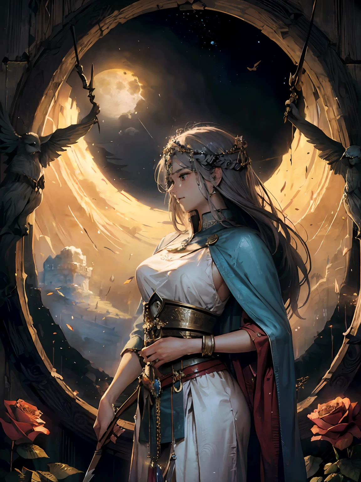 Moonlight sprinkles on the goddess of hunting，She stood in the middle of the night，holding a bow and arrow in his hands，The oversized bright moon illuminated her figure。She exudes divine majesty，Mysterious and cold，Behind you is a magnificent shrine。The goddess's cheek was slightly scratched, There is a hint of scarring，Like the female warrior in Norse mythology。The rose garden and sanctuary set off her majesty。Super HD，Face HD。