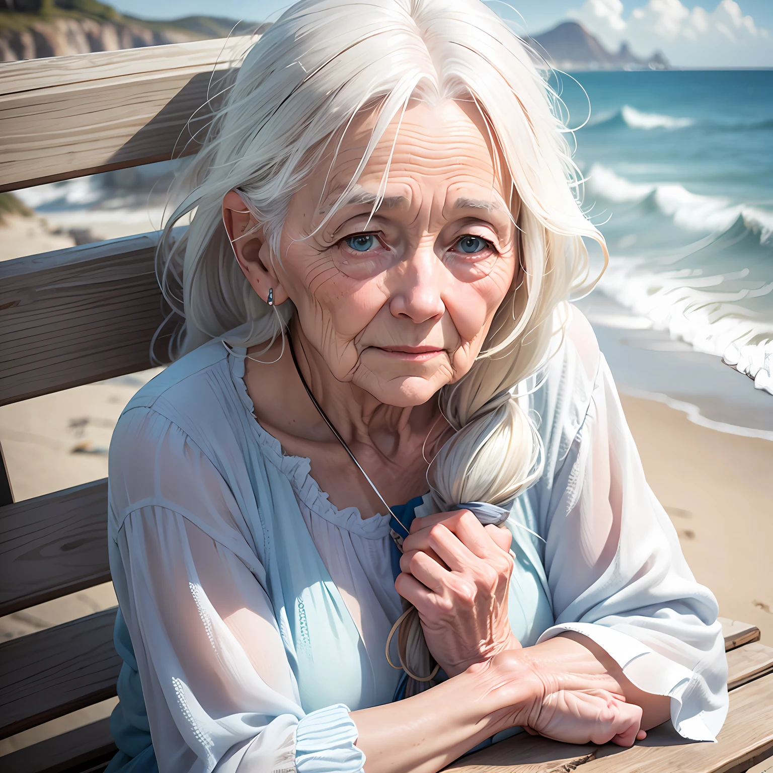 Generate a realistic image depicting an elderly woman gracefully sitting on a weathered wooden bench by the seashore, her wispy white hair softly blowing in the coastal breeze as she gazes out at the endless expanse of the ocean, her face reflecting a lifetime of wisdom and serenity --auto