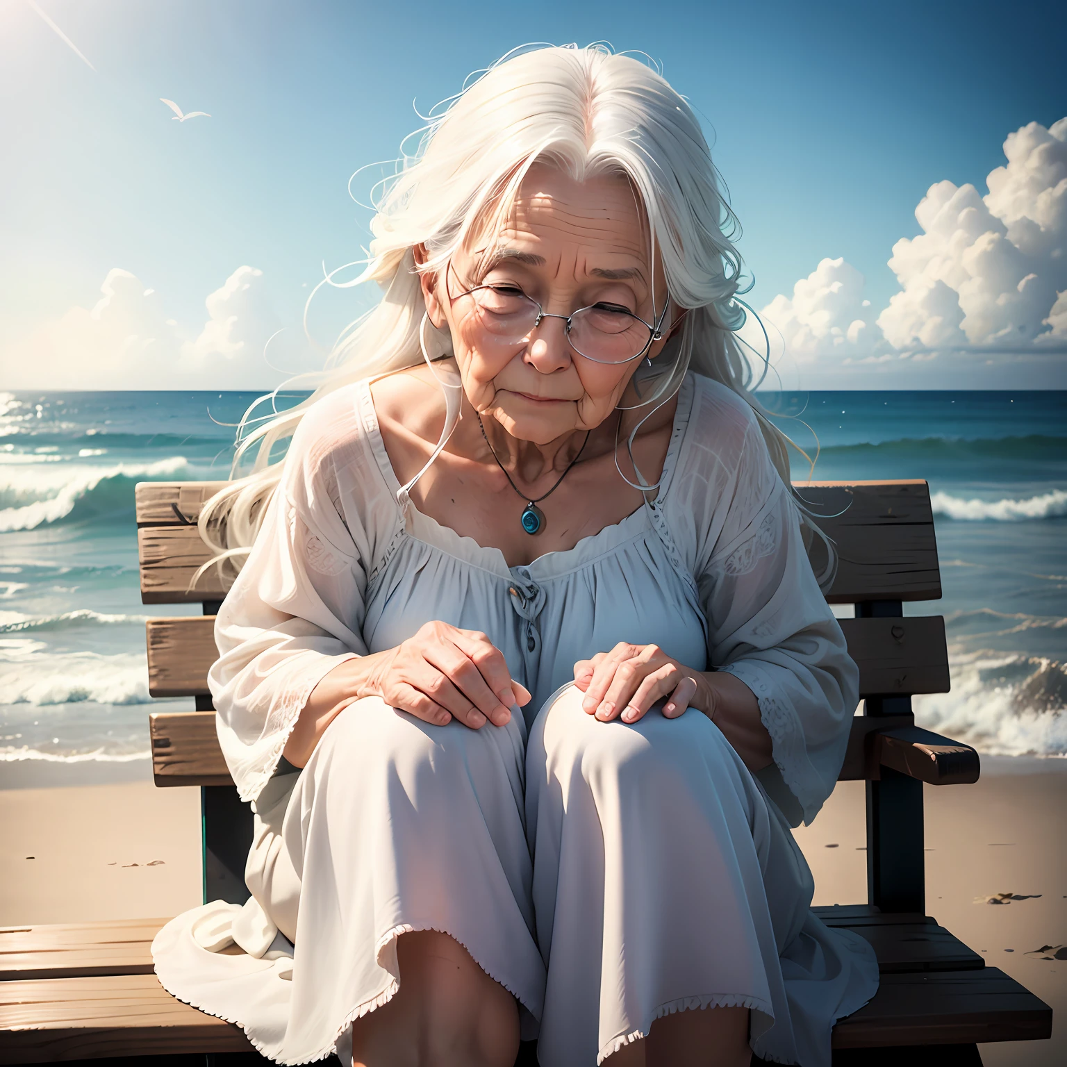 Generate a realistic image depicting an elderly woman gracefully sitting on a weathered wooden bench by the seashore, her wispy white hair softly blowing in the coastal breeze as she gazes out at the endless expanse of the ocean, her face reflecting a lifetime of wisdom and serenity --auto