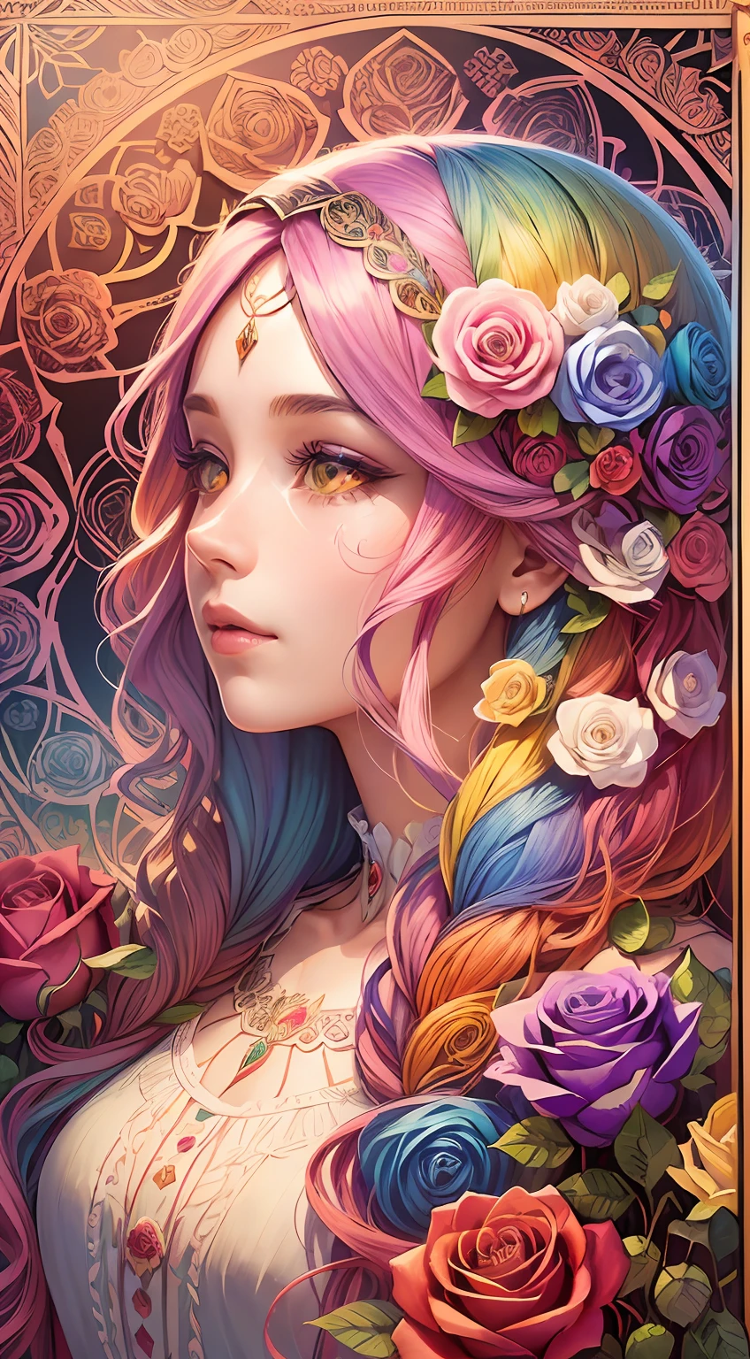 (illustration:1.3),paper art, zentangle，3D rendering，with rainbow colored background, Spring，(Beauty side face,Long colored hair:1.3)，(roses:1.2), Colorful, Best quality, Detailed details, Masterpiece, offcial art, Cinematic lighting effects, 4K,