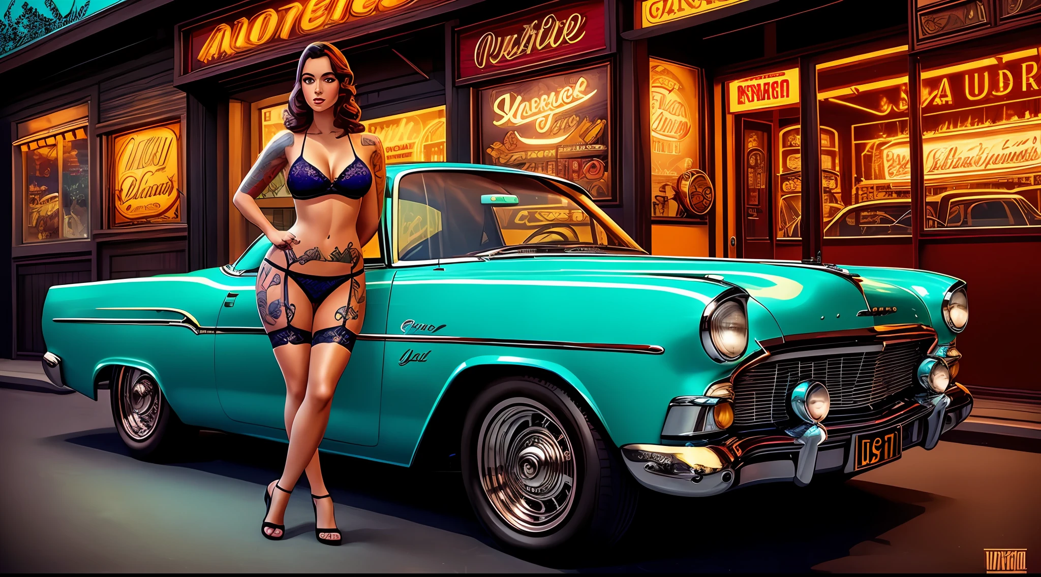 retro,vintage,beautiful and sexy woman with many tattoos and sexy lingerie,old, (an extremely delicate and beautiful), (masterpiece), (best quality:1.0), (ultra highres:1.0), beautiful lighting ,perfect lightning, realistic shadows, [highres], detailed skin, ultra-detailed, standing in front of lowrider, lowrider style, style digital painting, digital art!!, classic car, nostalgic high saturation, stylized digital illustration, vivid vintage coloring --auto