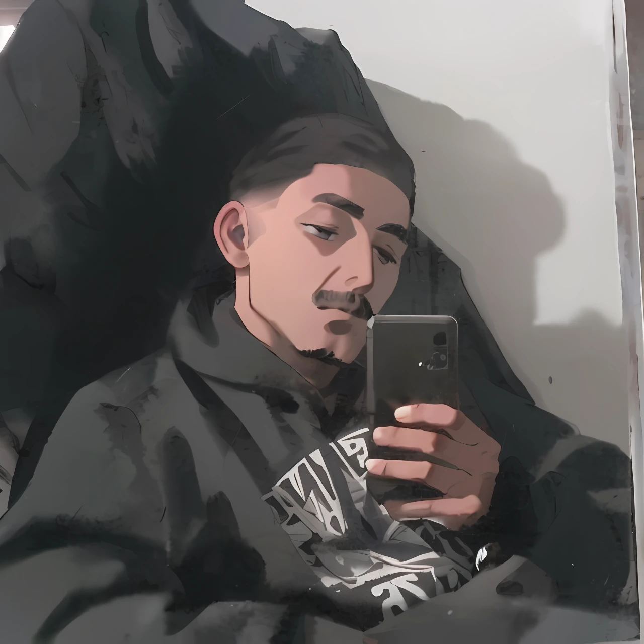 Man with cell phone in hand, bigode, moletom preto
