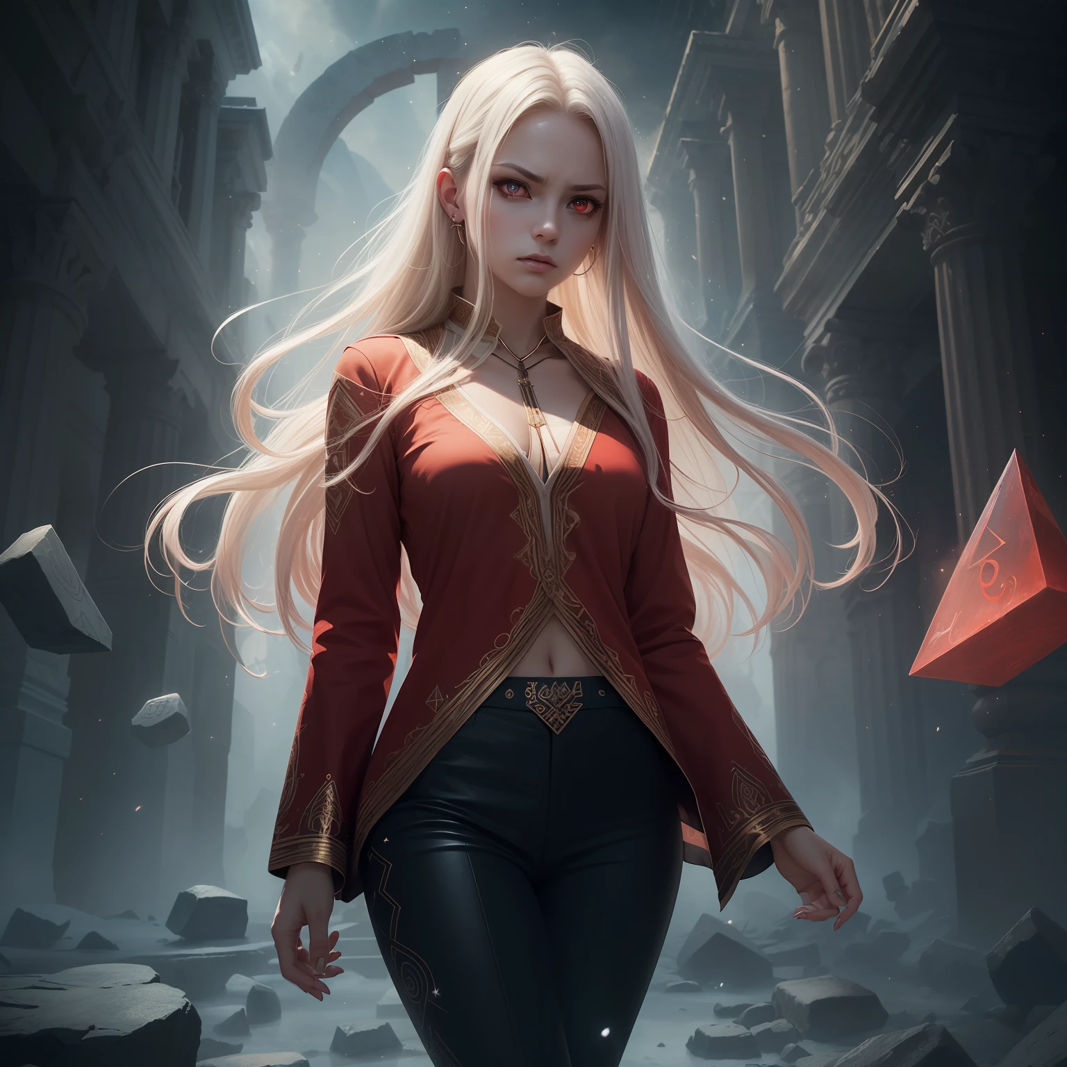 (masterpiece, top quality, best quality, official art, beautiful and aesthetic:1.2), cute angry girl, detailed face, ((red eyes)), small chest, long white hair, full body, violet blouse and pants, luminous effects, highest detailed, floating particles, ancient runes, geometric patterns, realistic, V0id3nergy , mana, shadows, epic atmosphere