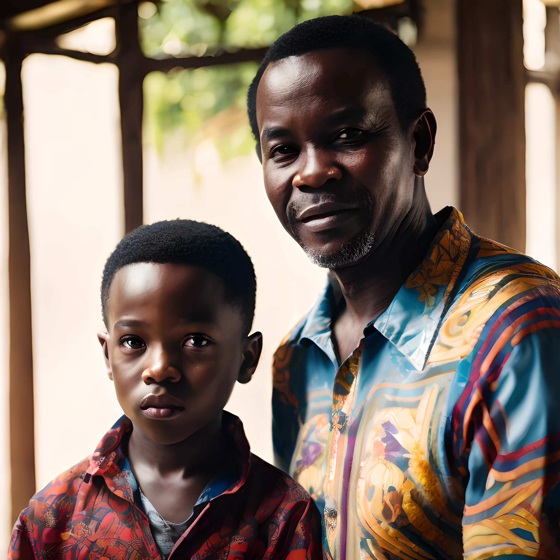 portrait african Tanzania father and son standing, looking straight into camera, glad happy, strong look expression, intricate details, clear textured surface material vivid color vivid bight light dslr perfect composition, volumetric light cinematic scene moody atmosphere // fatherhood portrait of father and son standing vivid colorful art photograph artwork // perfect composition midjourney 5, fatherhood --auto
