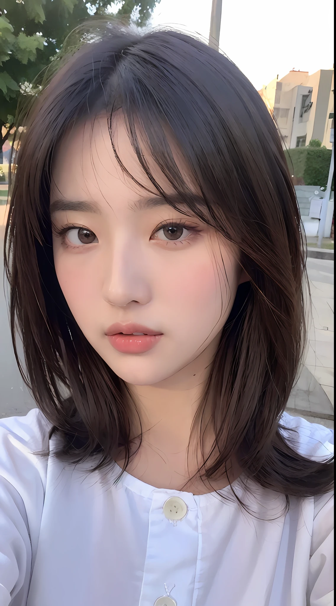 ((Best Quality, 8K, Masterpiece: 1.3)), Sharp: 1.2, Perfect Body Beauty: 1.4, Slim Abs: 1.2, ((Layered Hairstyle, :1.2)), (White Button Short Sleeve Shirt: 1.1), (Street: 1.2), Wet: 1.5, Highly detailed face and skin texture, Fine eyes, double eyelids, looking at the camera