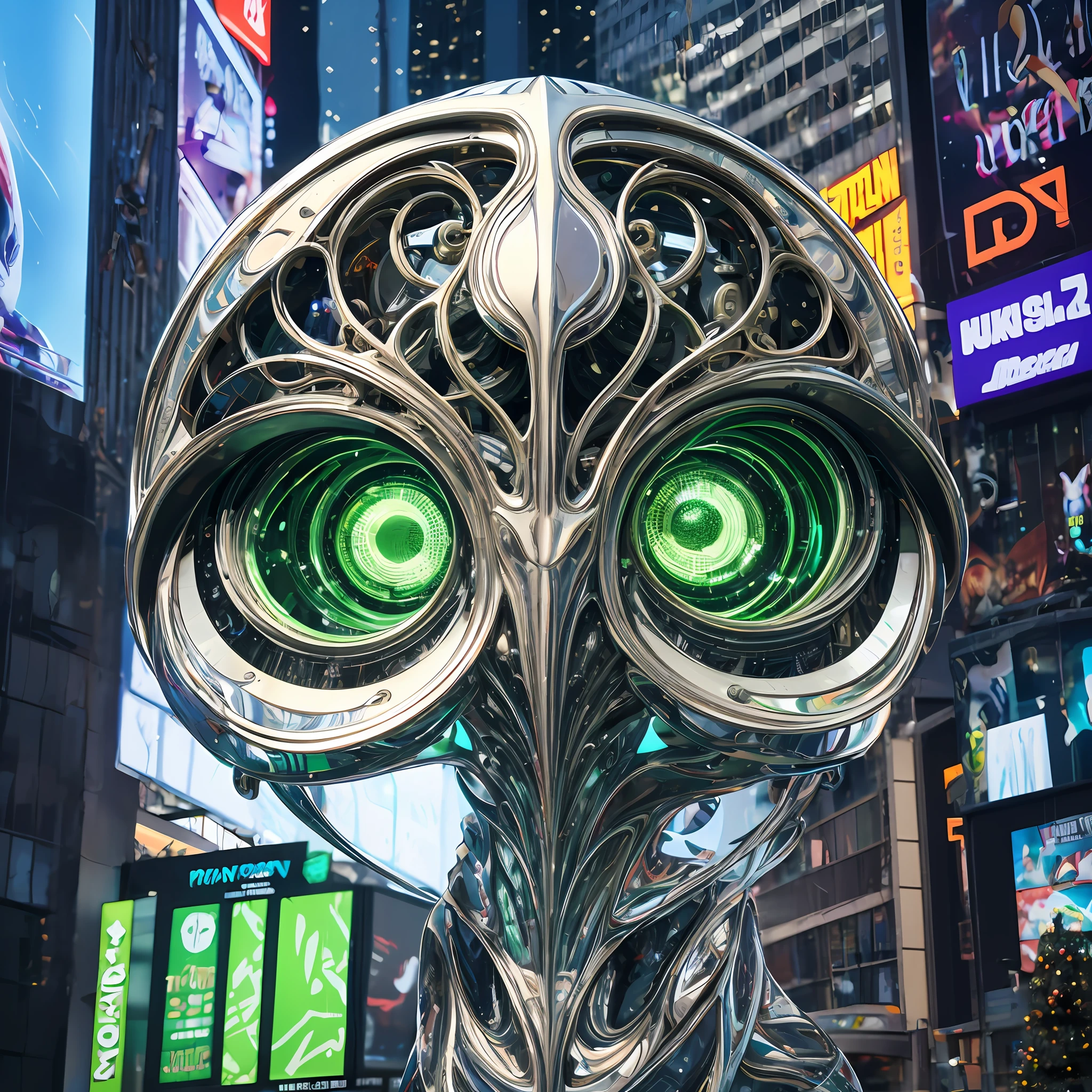alien, olhos grandes, olhos verdes brilhoso, parte maquina, parte humano, musculoso, brilhoso, luz lateral, fundos uma nave iluminada, em meio a time square, 8k, ultra realista, detalhes reais, surreal