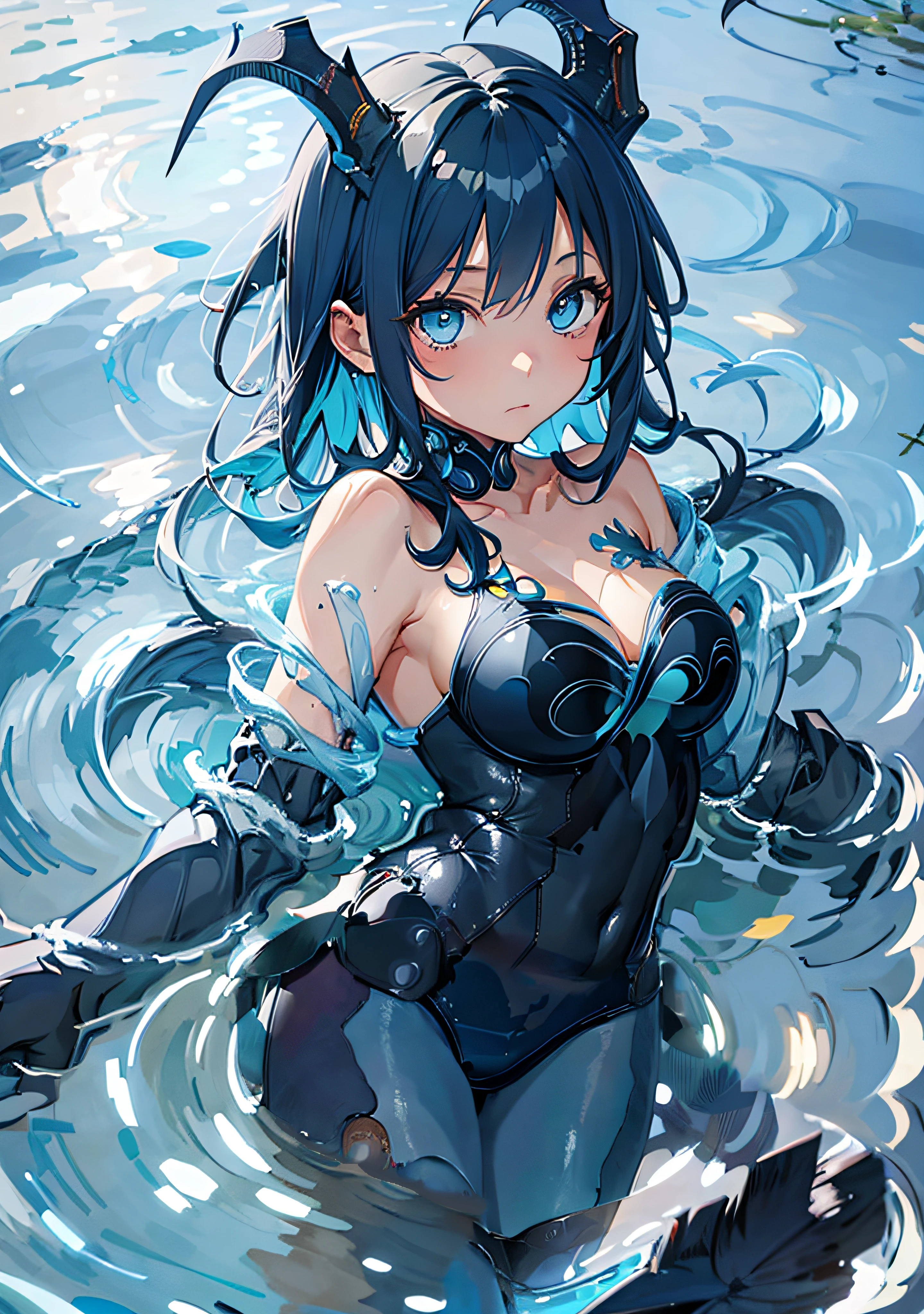 Best Quality, anime illustration, Digital Painting, Bonanus, lying, 1girl, long blue hair, Horns, blue eyes, Bodysuit, bare shoulders, cleavage, finely detailed background, amazing background, big eyes, quiet look, under water, skinny body, little chest, Blue hair, ((leggins)), ((Pantyhose))