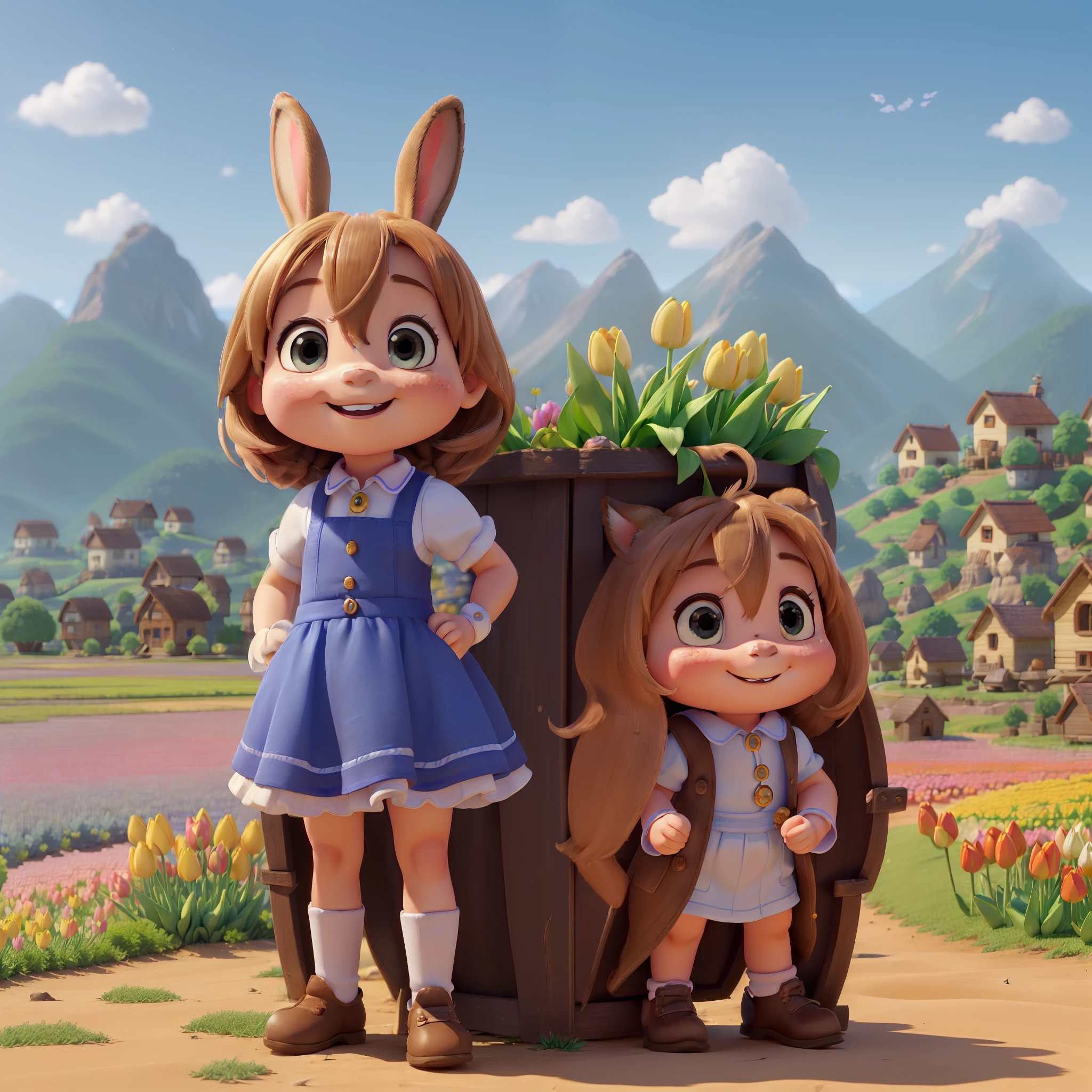 "(One small and cute rabbit:1.2)、ssmile、rendered: (Production Movie、the pose: (Lively:1.2、amusing)、ultra-quality:1.2、in 8K、tulips、blue-sky、for the background(Mountain huts and steppes:1.1)、{Complex and ultra-detailed、Giuseppe Arcimboldo}"