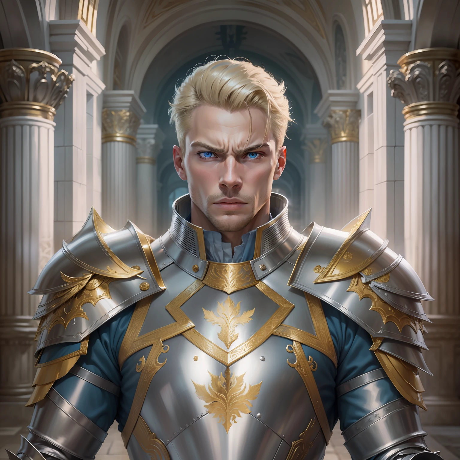 realistic image of a blond man with short hair, tall, strong, ultra-detailed blue eyes, furious expression, dressed in a suit of silver armor and golden shoulder pads, standing in a large hall of a palace