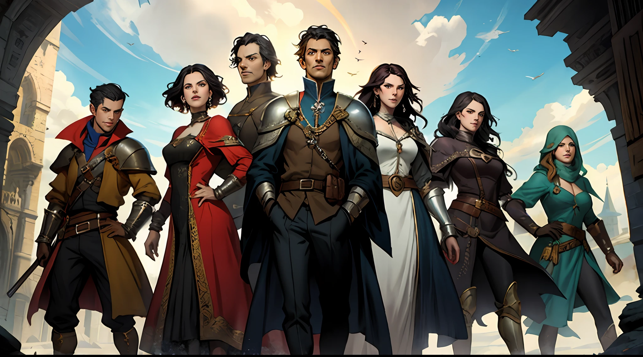 Image of Aalfed of a group of people dressed in medieval costumes, promotional art, author:Arthur Penn, key art, medieval fantasy game art, mistborn, by Galen Dara, game key art, style arcane tv series, Fantasy Victorian art, tom bagshaw weta studio, estilo de fantasia steampunk, fantasy medieval, Arcane TV series style, medieval dark fantasy