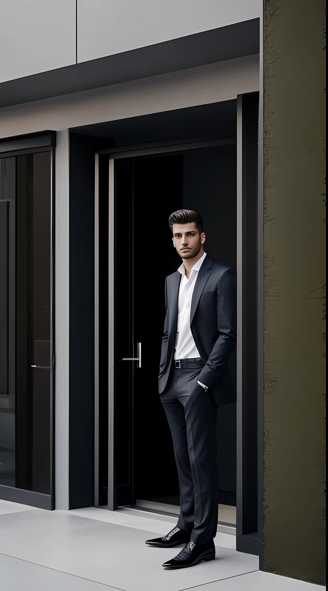 a 25-year-old man, vestido con elegante ropa, se encuentra frente a un imponente edificio con puertas de vidrio. Its presence reflects security and sophistication, as his captivating gaze turns towards the camera with a charming smile. La ropa elegante realza su figura, mostrando un estilo pulido y moderno. The building with its glass doors provides an architectural background that highlights the image of man, creating a combination of elegance and modernity in the scene.
Modificadores: Seguro, sofisticado, encantador, elegante, moderno, cautivante, pulido.
Artistic inspiration/estilo: Inspired by fashion photography style and contemporary aesthetics.
Technical specifications: Detalles precisos en el rostro y figura del hombre, colores vibrantes en la ropa elegante, contraste definido entre el hombre y el edificio, Lighting that highlights his charisma, Attractive atmosphere, profundidad de campo, --v 5 --q 2