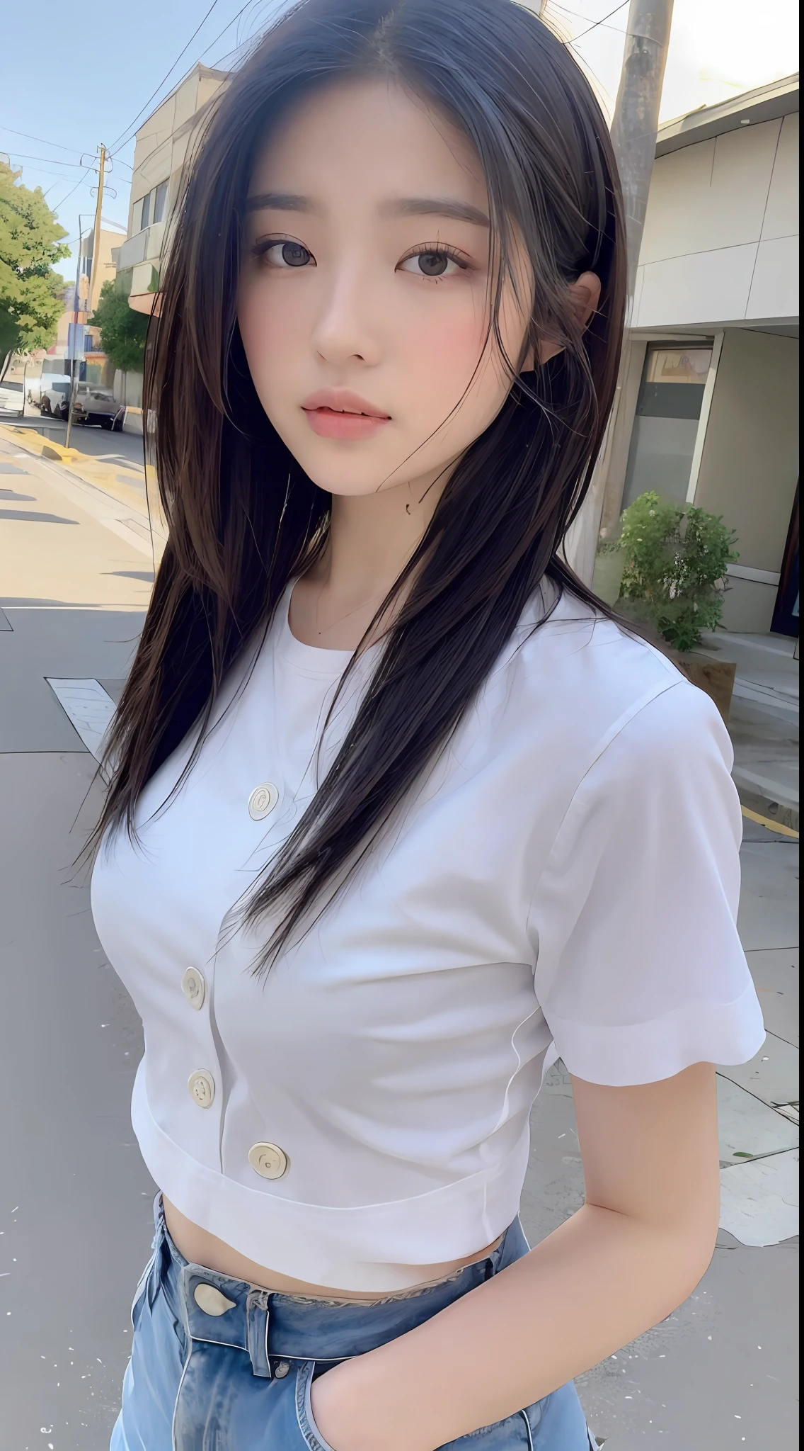 ((Best Quality, 8K, Masterpiece: 1.3)), Sharp: 1.2, Perfect Body Beauty: 1.4, Slim Abs: 1.2, ((Layered Hairstyle, :1.2)), (White Button Short Sleeve Shirt: 1.1), (Street: 1.2), Wet: 1.5, Highly detailed face and skin texture, Fine eyes, double eyelids, looking at the camera