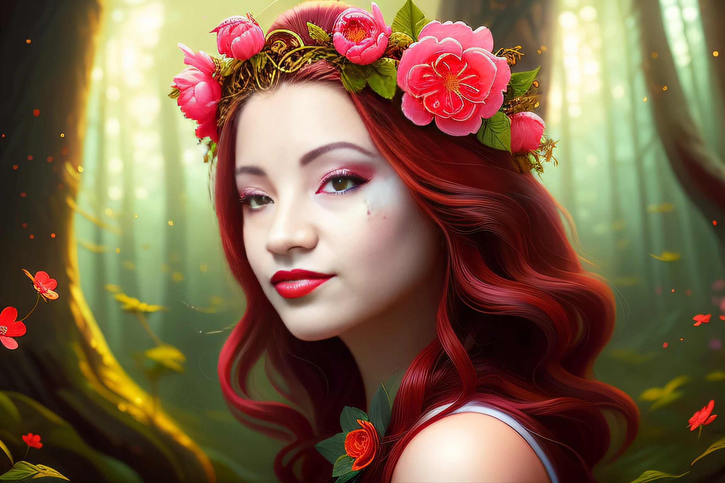 Painting of a black woman with a pink flower crown in red hair, glossy red lips, stunning bright dark red hair, dark makeup, intricate fantasy portrait art, character painting, detailed fantasy concept art, fairy digital illustration, gorgeous digital artwork, stanley artgerm lau, fairy forest on background, soft beam lights on foreground, auto focus, soft colors, summer afternoon ambient