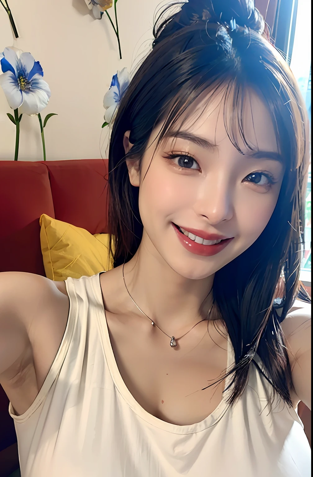 (A hyper-realistic), (illustratio), (hight resolution), (8K), (ighly detailed), (The best illustrations), (beatiful detailed eyes), (top-quality), (ultra-detailliert), (masterpiece), (wall-paper), (详细的脸), a bed、Upper body close-up,Armpit, A smile,Plump,独奏,Girl in white tank top with open chest, japanes, large full breasts, (camel's toe)、huge-breasted、Detailed, well-groomed white teeth、Ultimate Beauty、shot on the Canon EOS R 6、full of sweat、(beautiful detailed teeth)、Silver necklace、Park with sunshine、Perfect and beautiful female hands、Perfect tooth alignment、Perfect fingers、Navel dashi、Mansuji、Beautiful butt、