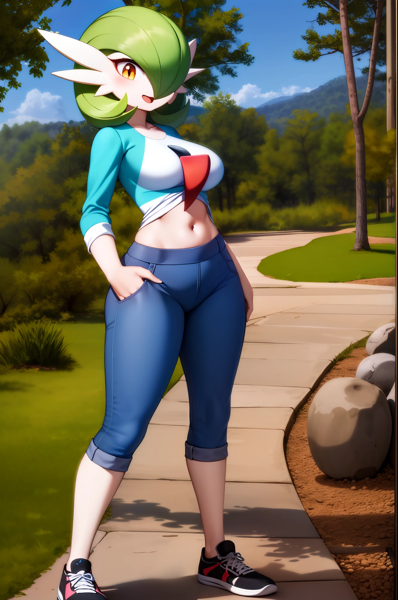 obra maestra, best_quality, 1girl, solo, gardevoir, pokemon \(criatura\), cabello azul, en un parque, parque, cinematography lighting, noche, es de noche, media noche, en cuclillas, next to a tree, ropa casual, blusa negra de mangs corta, blusa escotada, senos medianos, pechos medianos, track pants, gray pants, cuerpo completo, zapatillas deportivas, embarazada. Ojos rojos, ojos detallados. Suspirando, sintiendo dolor, mirada de dolor, entrepierna mojada, pantalones mojados, suspirando.