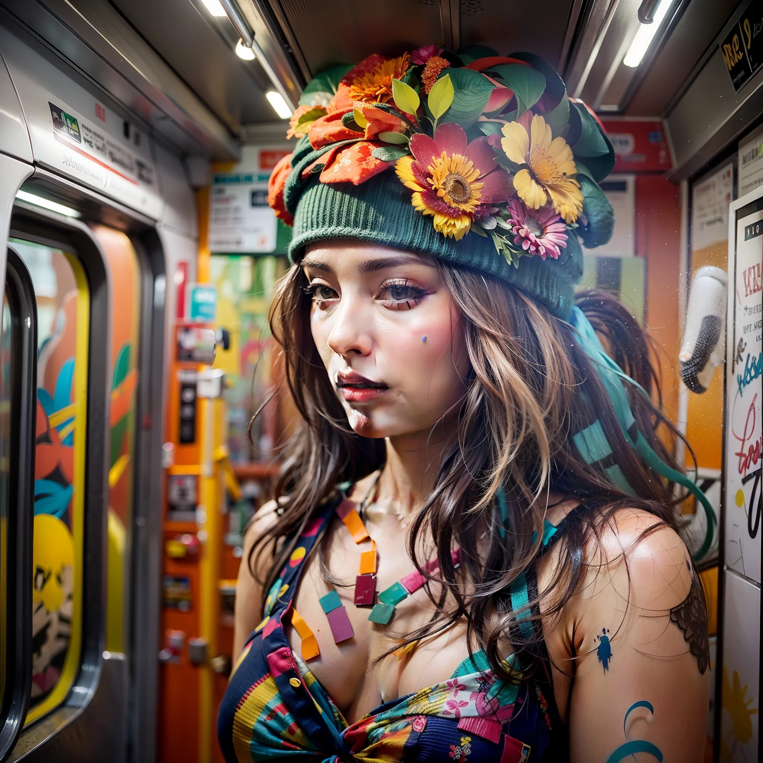 Graffiti on the wall of a subway car with a woman in a colorful dress, Arte callejero 8 K, Estilo de arte callejero, Graffiti de pintura corporal pintada con aerosol, arte callejero, Retrato impresionante, Impresionantes obras de arte, bellamente pintado, Mujer impresionante, hermosa dama, Hermosas obras de arte, Epic full-face portrait, hiperrealismo colorido, arte urbano, Hermoso retrato, por artista, Arte corporal completo, heart