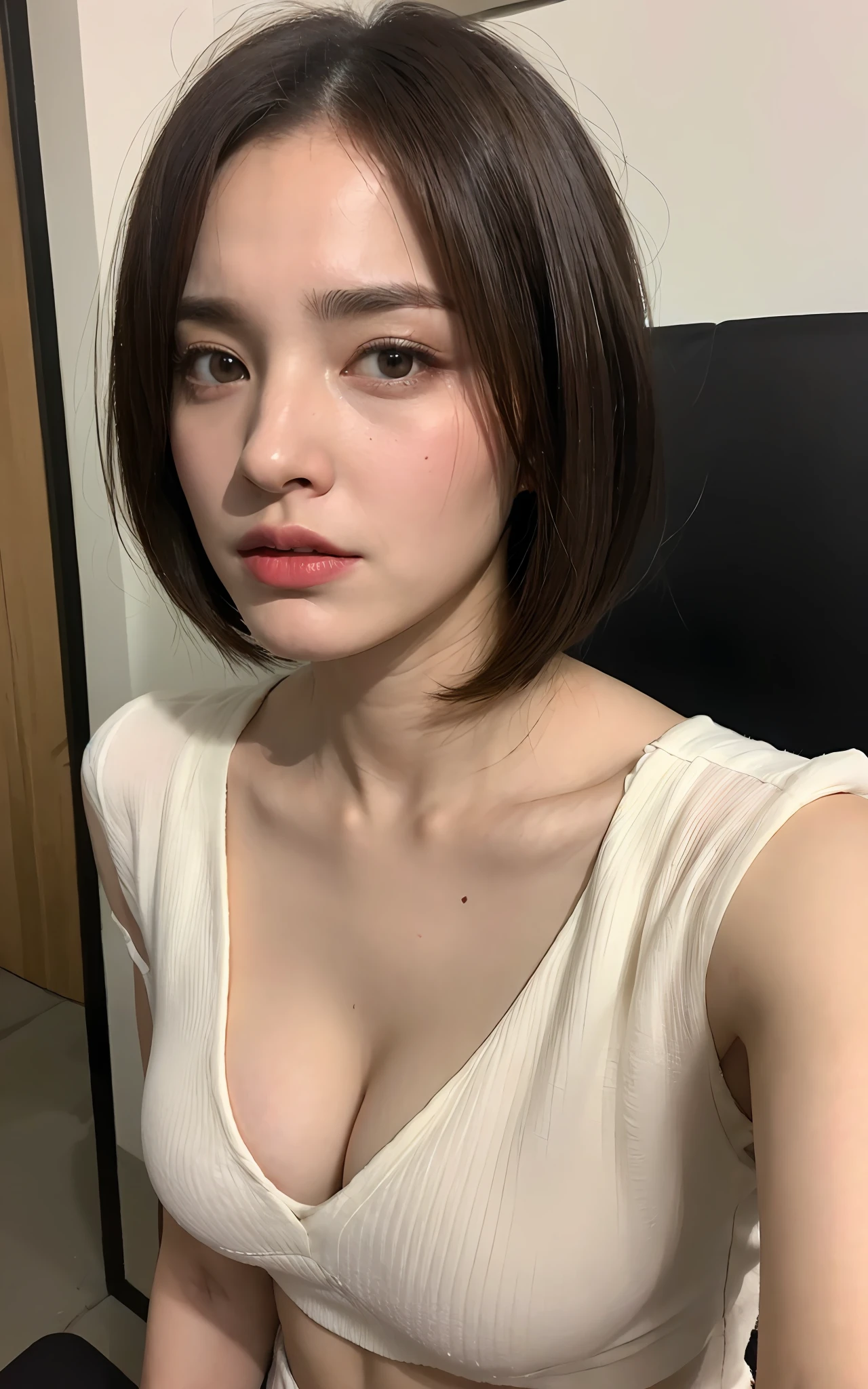((top-quality、8k、masuter piece:1.3))、1人、Latino blood、Beautiful woman with slender abs:1.3、(Highlight Haircuts、Breast A Cup:1.2)、Black see-through:1.1、hyperdetailed face、A detailed eye、二重まぶた、full bodyesbian undergarment on the beds、Troubled face、Pleasant face、ahe face