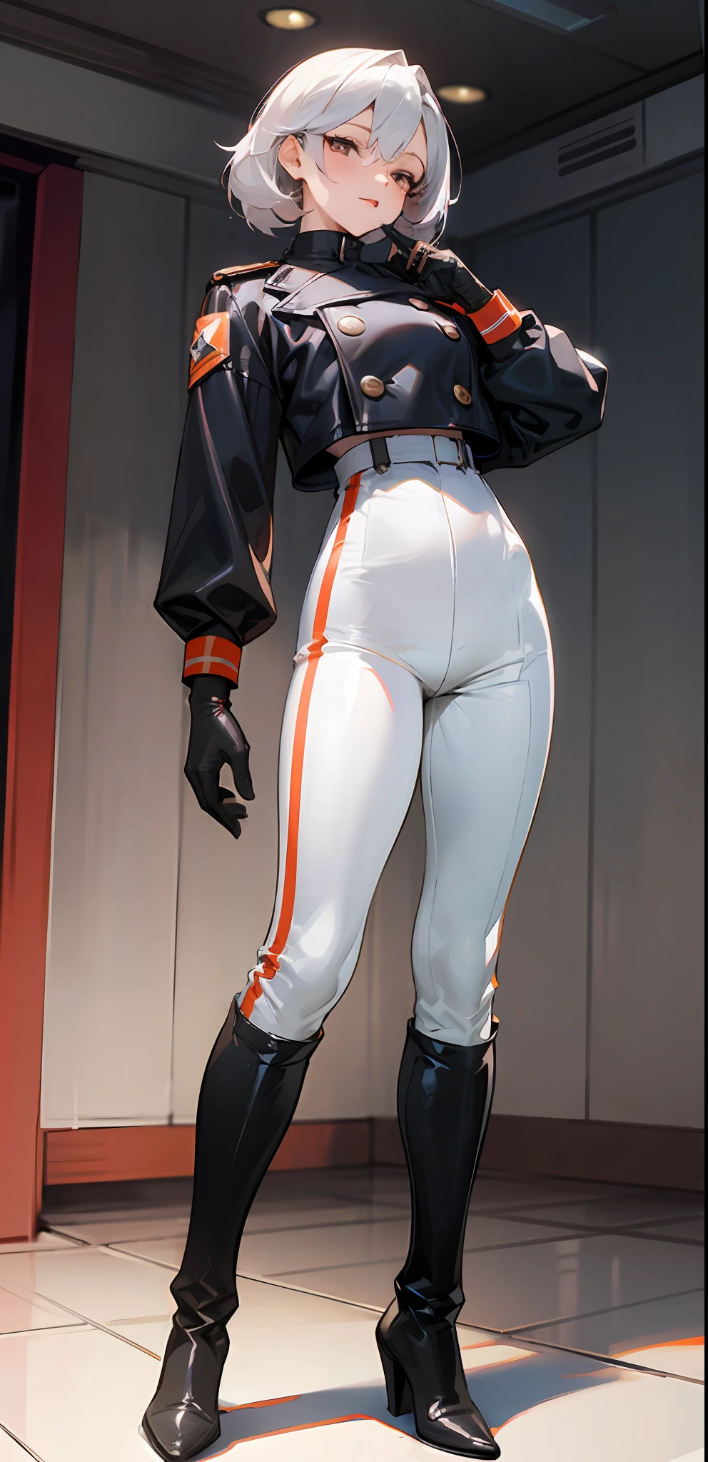 Mature female, standing, full body, authority, leather outfit, dominant, (muscular:0.5), long sleeves, gloves, double-breasted, black pants, black knee-high boots, white pants, slim, devious