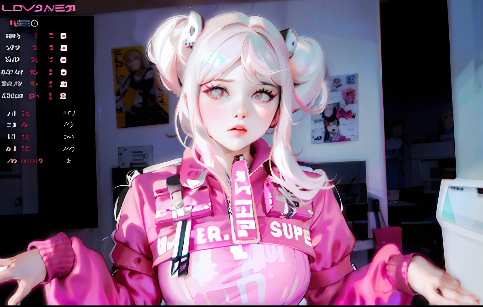 Mulher de cabelos loiros em roupa rosa com jaqueta rosa e luvas rosa, linda Delphine, Kerli Koiv como Anime Girl, 8 0 s vibe anime, usando streetwear cyberpunk, Decora Inspirado, Junko Enoshima, Danganronpa, parece uma mistura de grimes, Ciborgue - Menina com cabelo prateado, Chiaki Nanami, Danganronpa