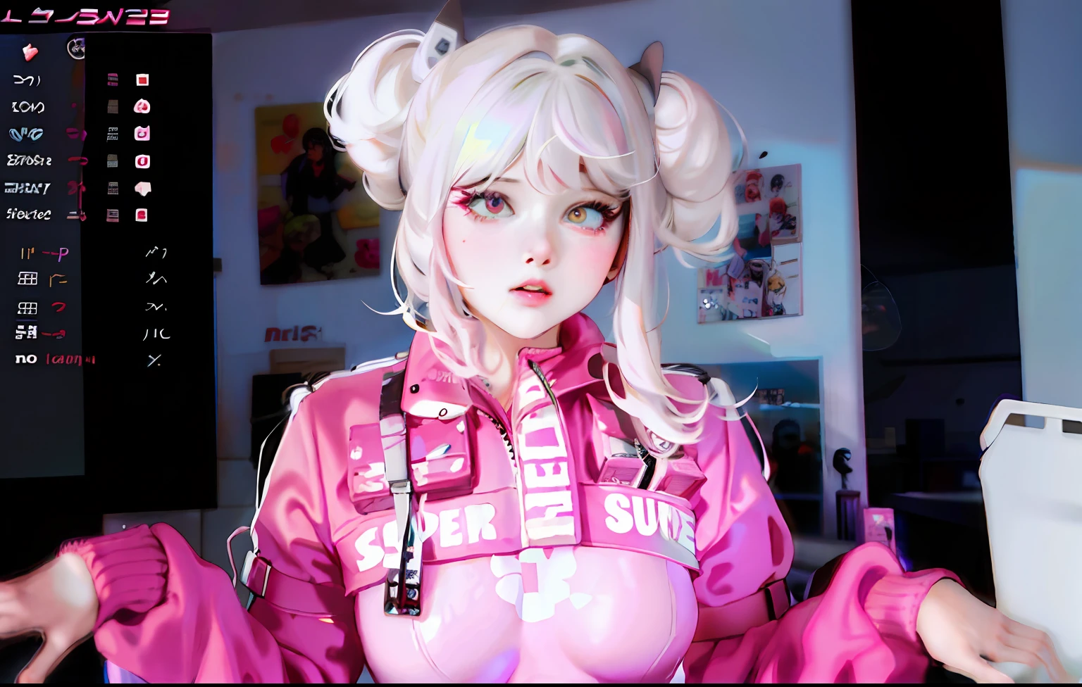 Mulher de cabelos loiros em roupa rosa com jaqueta rosa e luvas rosa, linda Delphine, Kerli Koiv como Anime Girl, 8 0 s vibe anime, usando streetwear cyberpunk, Decora Inspirado, Junko Enoshima, Danganronpa, parece uma mistura de grimes, Ciborgue - Menina com cabelo prateado, Chiaki Nanami, Danganronpa
