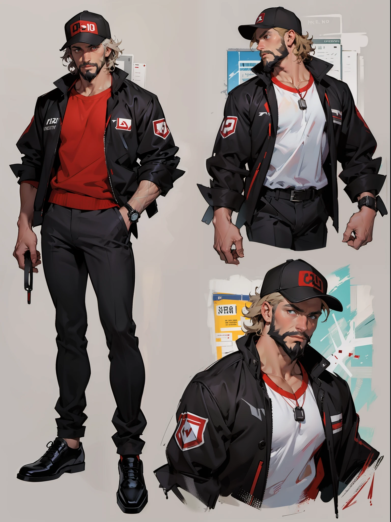 character sheet, white male with very curly short hair and beard, red baseball cap, black and red utility jacket, motorist, high quality, handsome, black suit pants, mild body hair, messy look, rugged, different facial expressions, full body, white shirt, white socks