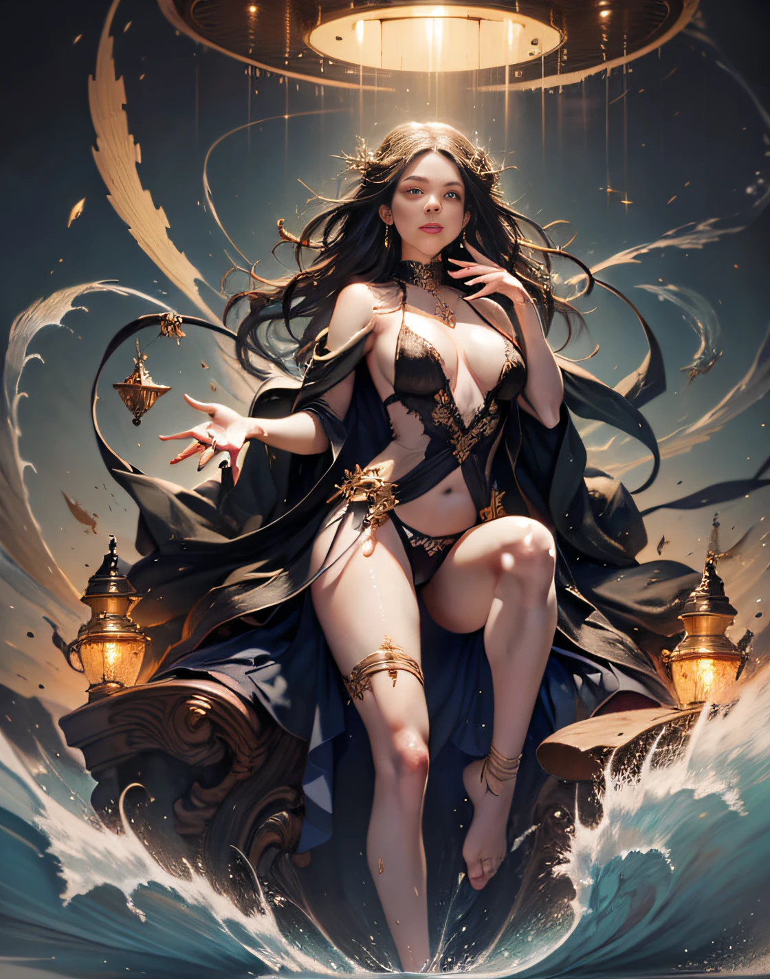 Prompts Copiar prompts cloudy night sky storm, sunset red clouds storm cloudy, rough sea, psychedelic waves, skin and clothes wet with water, drops of water, floating bubbles, magical lights,face by tom bagshaw art station,, Moon Goddess, Full Length Figure, Contemptuous Gaze, Detailed Face, (Naked: 1.4), (See-Through Lingerie: 1.3), Gold Decoration, Black Plain Background, High Contrast, Masterpiece, Best Quality, Best Quality, Cinematic Lighting, Photorealistic,Goddess maiden, gorgeous, splashing, flame, flowing pen and ink,view of pubic hair,Goddess maiden, gorgeous, splashing, flame, flowing pen and ink,full female body, beautiful caucasian girl close-up, body in dynamic movement, oil, digital art, splash, full body,art by Sakimichan,oriental mandala tattoo, fractal background, silver and gold and bronze spirit, natural skin moistened with water, slight smile, view from below, perfect golden eyes, long curly black hair, floating antique clock, lamp ancient, splash,seductive pose, visible pubic hair, breasts visible,full body, black hair, Transparent clothing, slight smile,Jean-Baptiste Monge style, bright, beautiful , splash, Glittering , cute and adorable, filigree, , rim lighting, lights, extremely , magic, surreal, fantasy, digital art, , wlop, artgerm and james jean,floating antique clock, lamp ancient, splash,floating antique clock,face by tom bagshaw art station, view from below,