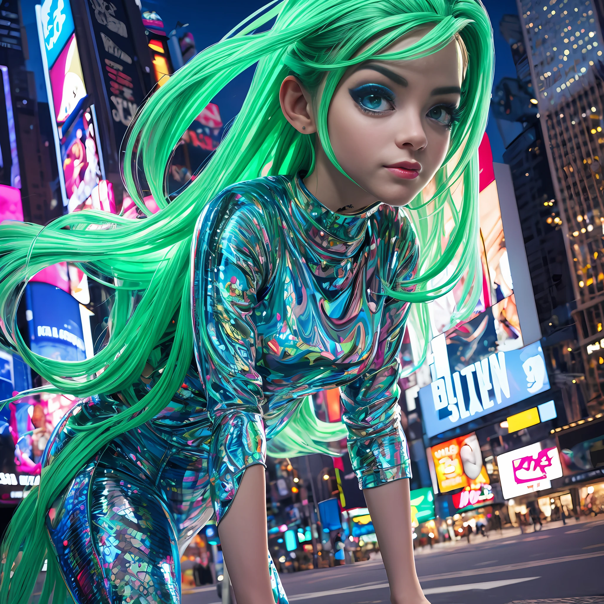 alien, olhos grandes, olhos verdes brilhoso, parte maquina, parte humano, musculoso, brilhoso, luz lateral, com um estilingue, Blue All Star Sneakers, fundos uma nave iluminada, em meio a time square, 8k, ultra realista, detalhes reais, surreal