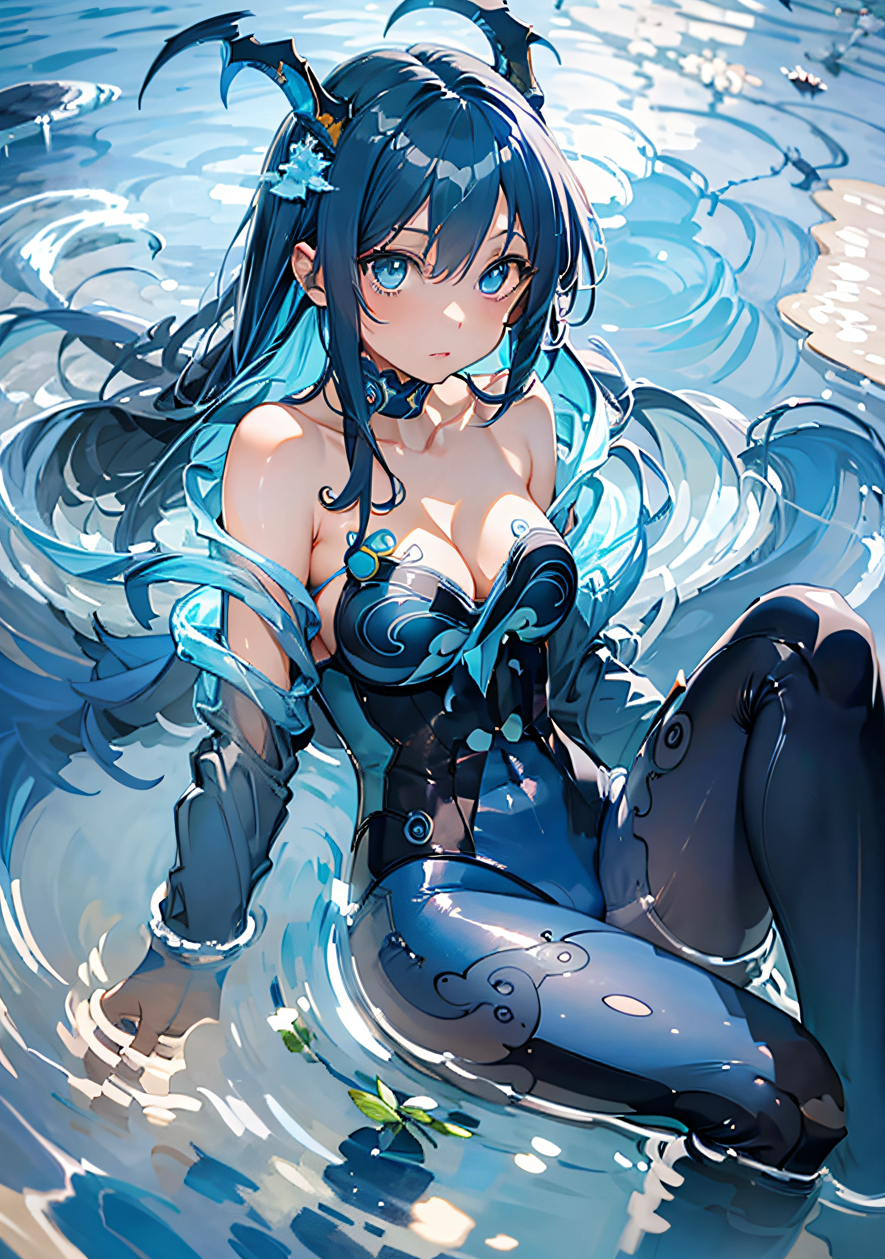Best Quality, anime illustration, Digital Painting, Bonanus, lying, 1girl, long blue hair, Horns, blue eyes, Bodysuit, bare shoulders, cleavage, finely detailed background, amazing background, big eyes, quiet look, under water, skinny body, little chest, Blue hair, ((leggins)), ((pantyhouse))