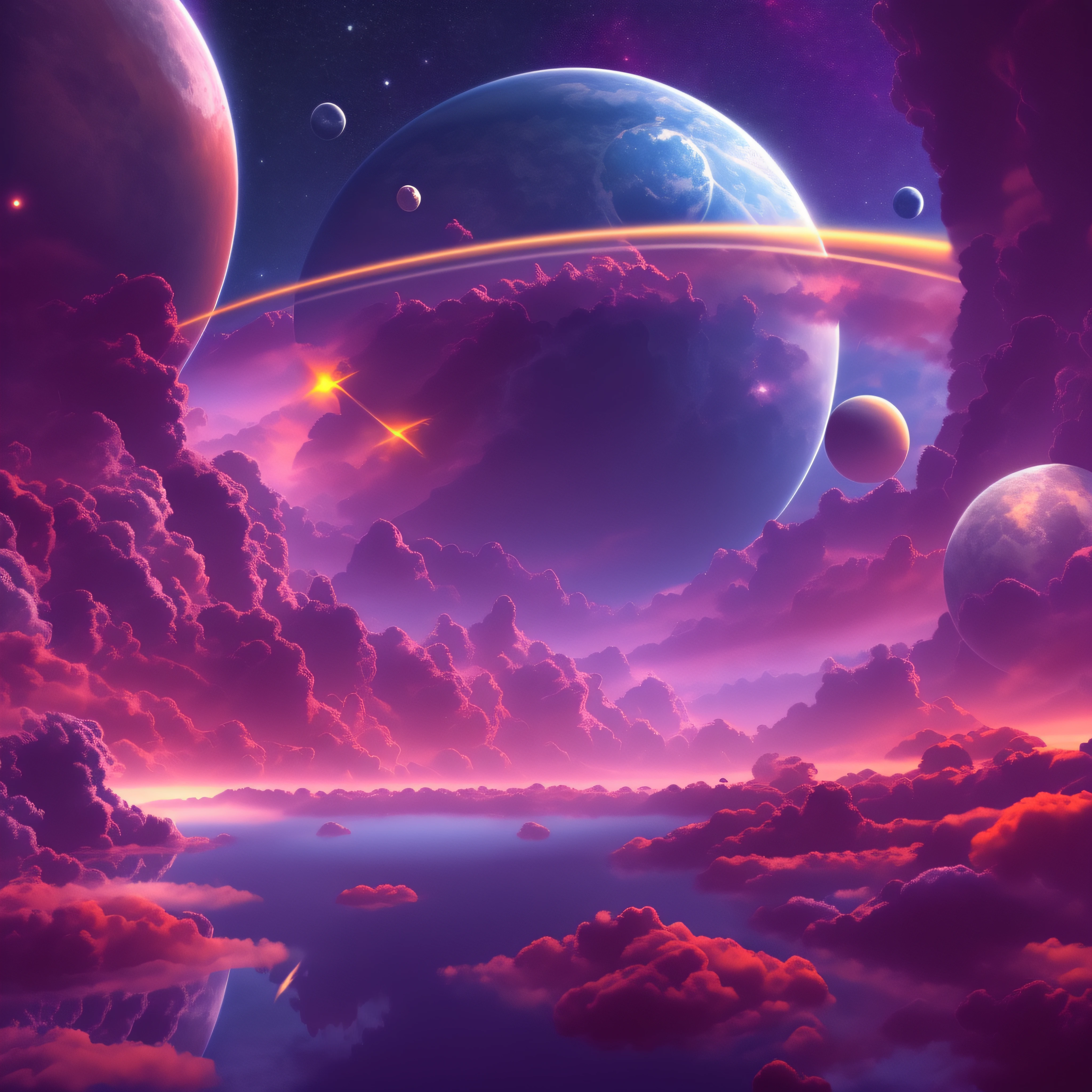 a space art Galactic Landscape, shore, sky with big clouded planet, concept art, vector, high quality, big details view, Unreal Engine, Octane Rendering, Ultra High Quality, Ultra High Resolution, Surreal, Color Correct, Good Lighting Settings, Good Composition, Sharp Edges, Harmonious Composition, Ultra Precision, Masterpiece, Award-winning work, plantes defined, perfect composition, well defined circular planet