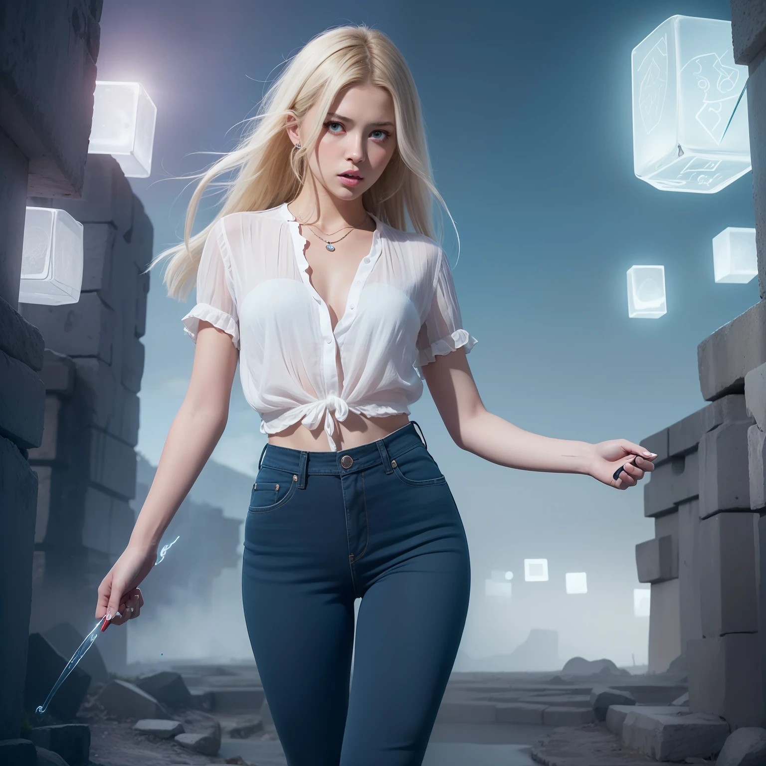 (masterpiece, top quality, best quality, official art, beautiful and aesthetic:1.2), cute angry girl, detailed face, ((red eyes)), small chest, long white hair, full body, violet blouse and pants, luminous effects, highest detailed, floating particles, ancient runes, geometric patterns, realistic, V0id3nergy , mana, shadows, epic atmosphere