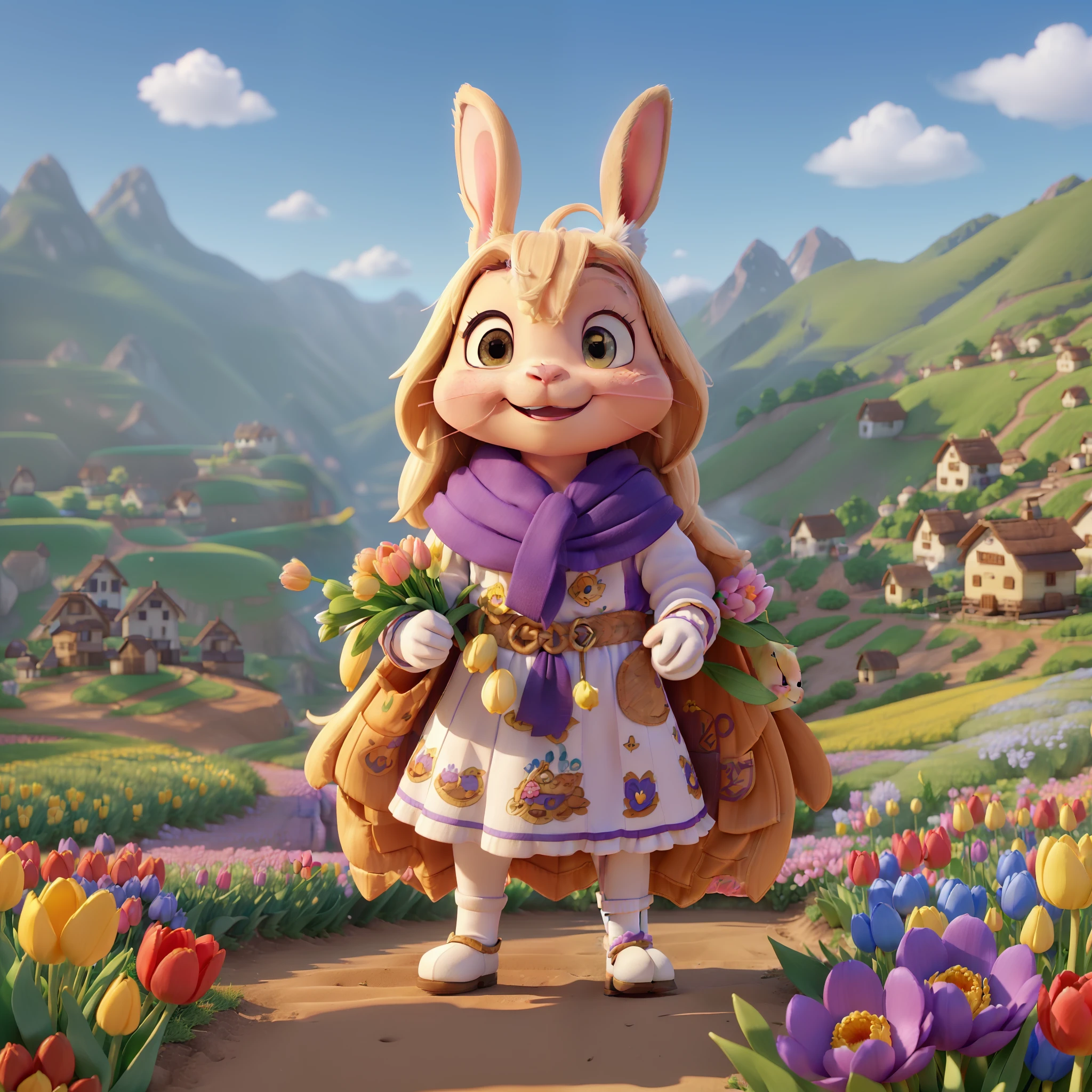 "(One small and cute rabbit:1.2)、ssmile、rendered: (Production Movie、the pose: (Lively:1.2、amusing)、ultra-quality:1.2、in 8K、tulips、blue-sky、for the background(Mountain huts and steppes:1.1)、{Complex and ultra-detailed、Giuseppe Arcimboldo}"