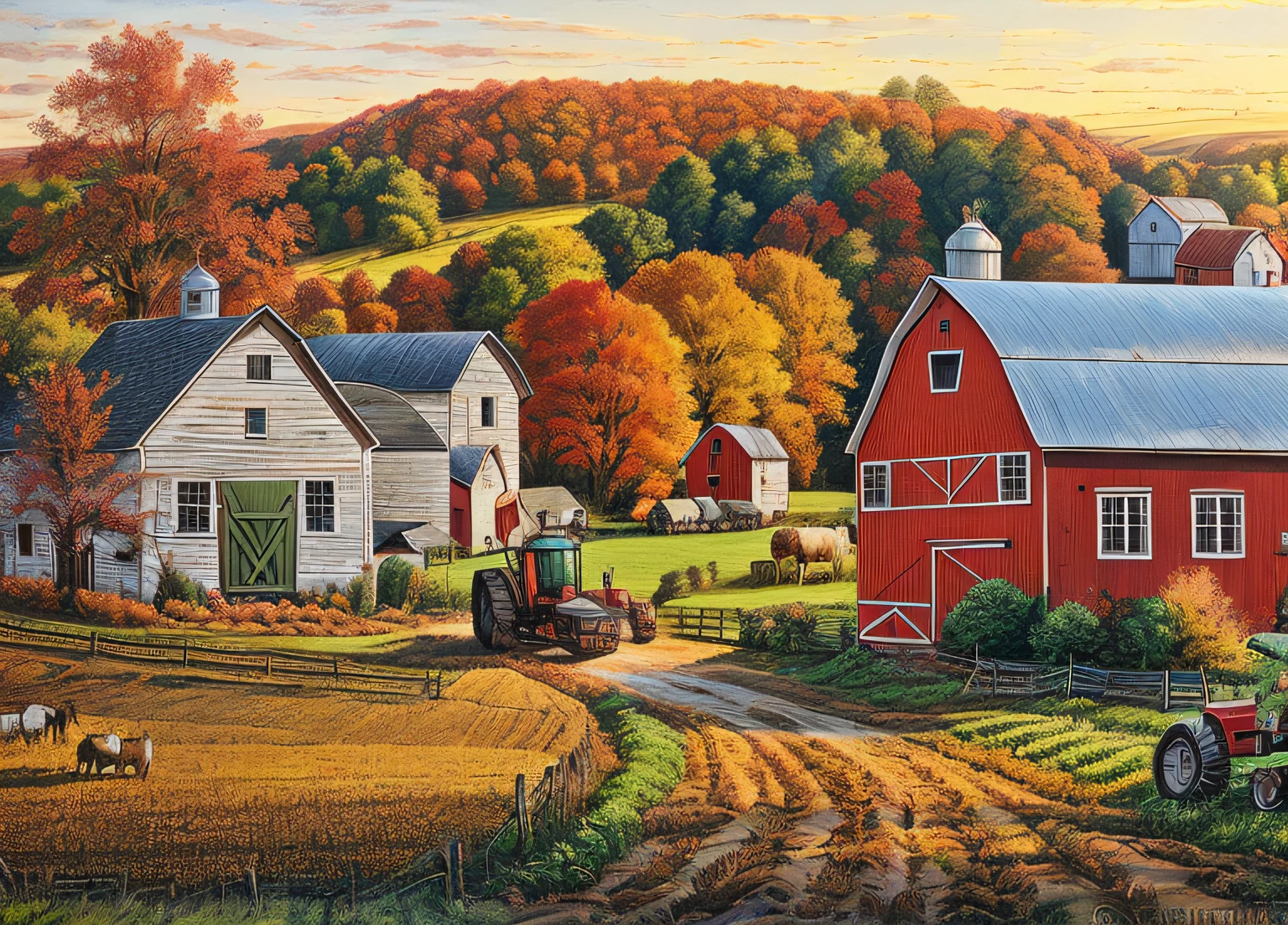 arafed image of a farm with a tractor and farm buildings, rural splendor, country landscape, scenery artwork, scenery art detailed, countryside city scene, autumn season, farm background, beautiful high resolution, colorful scene, next to a red barn, detailed scenery —width 672, rich picturesque colors, next to a farm house and a barn