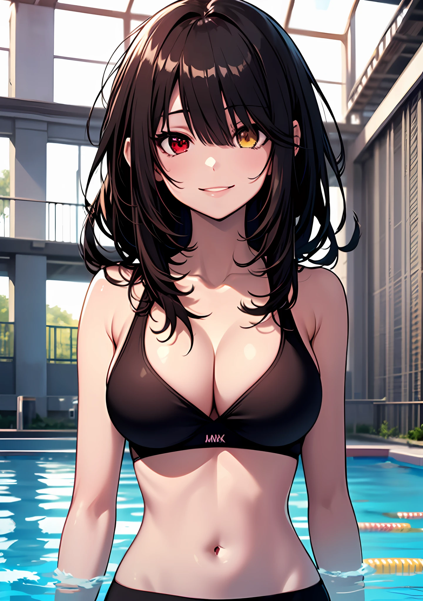 Masterpiece, high quality, 1girl, ((tokisaki kurumi)), monochrome, black hair, sport bra, ((right red eye:1, left yellow eye)), smile, kawaii, swimming, beautiful body, kawaii face, looking at viewer, big boobs, pool