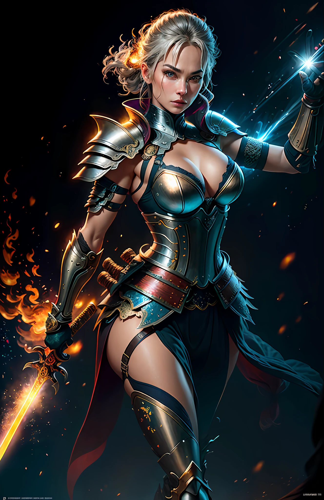 Photo of a hot aunt , highlighted gray hair , samurai shoulder armor, chest covered by bra , particle,wind ,flames ,backlighting,rim lighting,upper body,hot pose, small breast, swordwoman, woman with a sworm, dynamic pose, one woman holding sword, (masterpiece:1.2), (best quality), (ultra detailed), (8k, 4k, intricate),(full-body-shot:1), (85mm),light particles, lighting, (highly detailed:1.2),(detailed face:1.2), (gradients), sfw, colorful,(detailed eyes:1.2)(detailed background),detailed landscape, (dynamic angle:1.2), (dynamic pose:1.2), (rule of third_composition:1.3), (Line of action:1.2), moody lighting