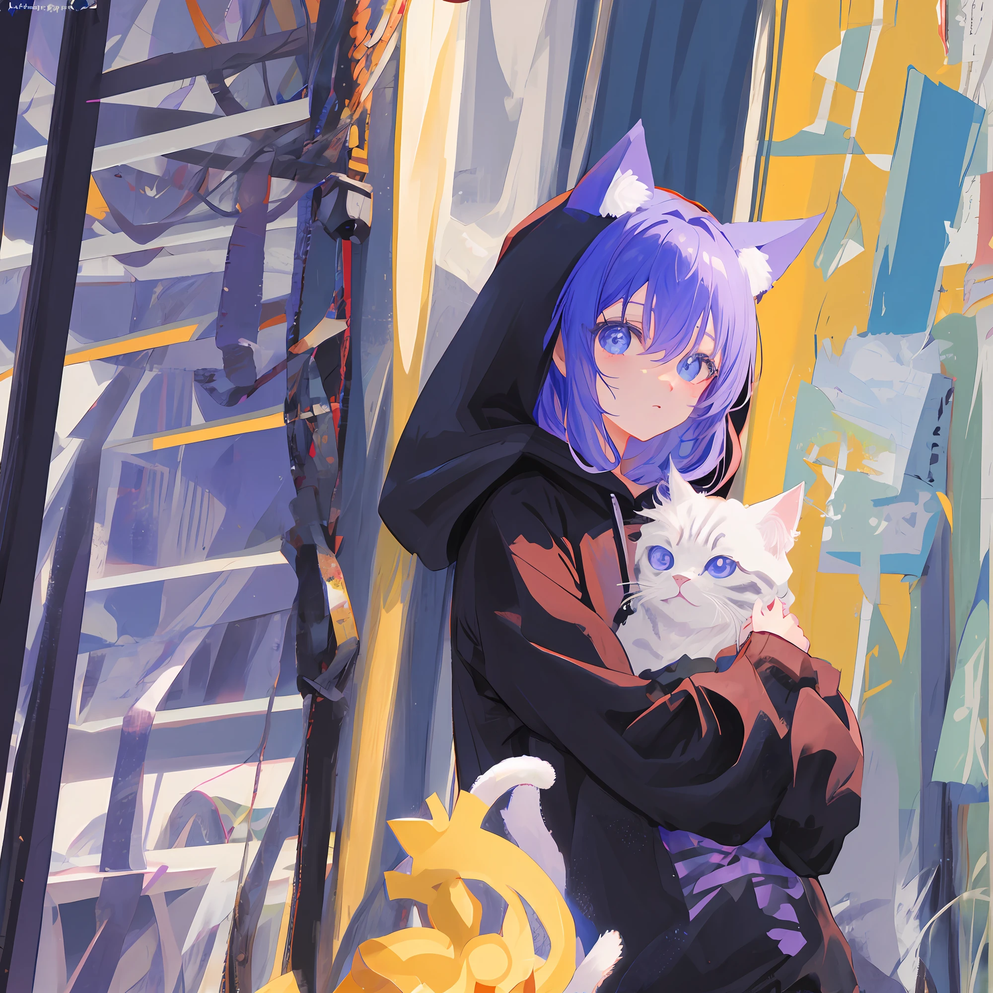 One has a pair of cat ears，Anime shoujo with purple hair, ,eBlue eyes，black   hoodie，Upper body，looking at viewert，the hair，hair between eye，hoody，2d