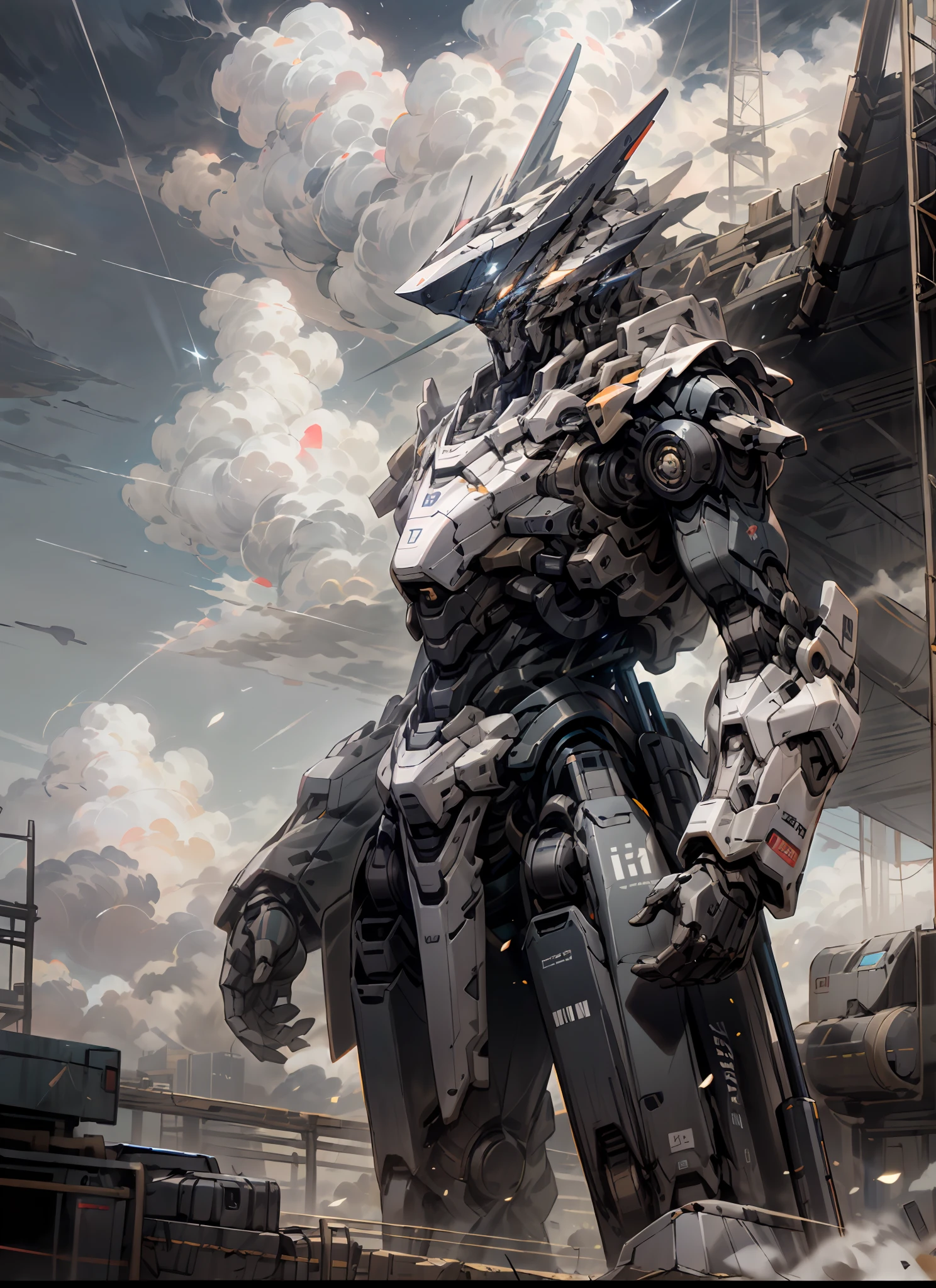 drak,Giant cannon,Starcloud,Assault,16k,A masterpiece,Skysky,clouds,Holding_arma,No_Humanity,with light glowing,,droid,buliding,Glowing_Eyes,Mecha,scientific fiction,城市,Realistis,Mecha