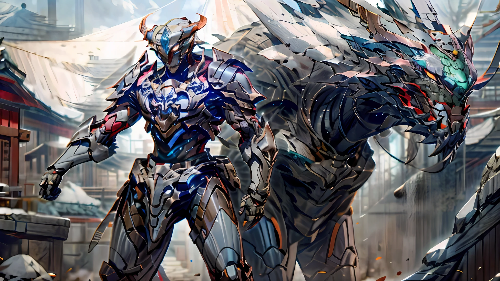 There is a robot standing next to a dragon, krenz cushart and wenjun lin, by Yang J, cgsociety and fenghua zhong, From Lineage 2, Amazing 8K character concept art, lineage 2 revolution style, wlop and krenz cushart, style of raymond swanland, author:Zhou Chen