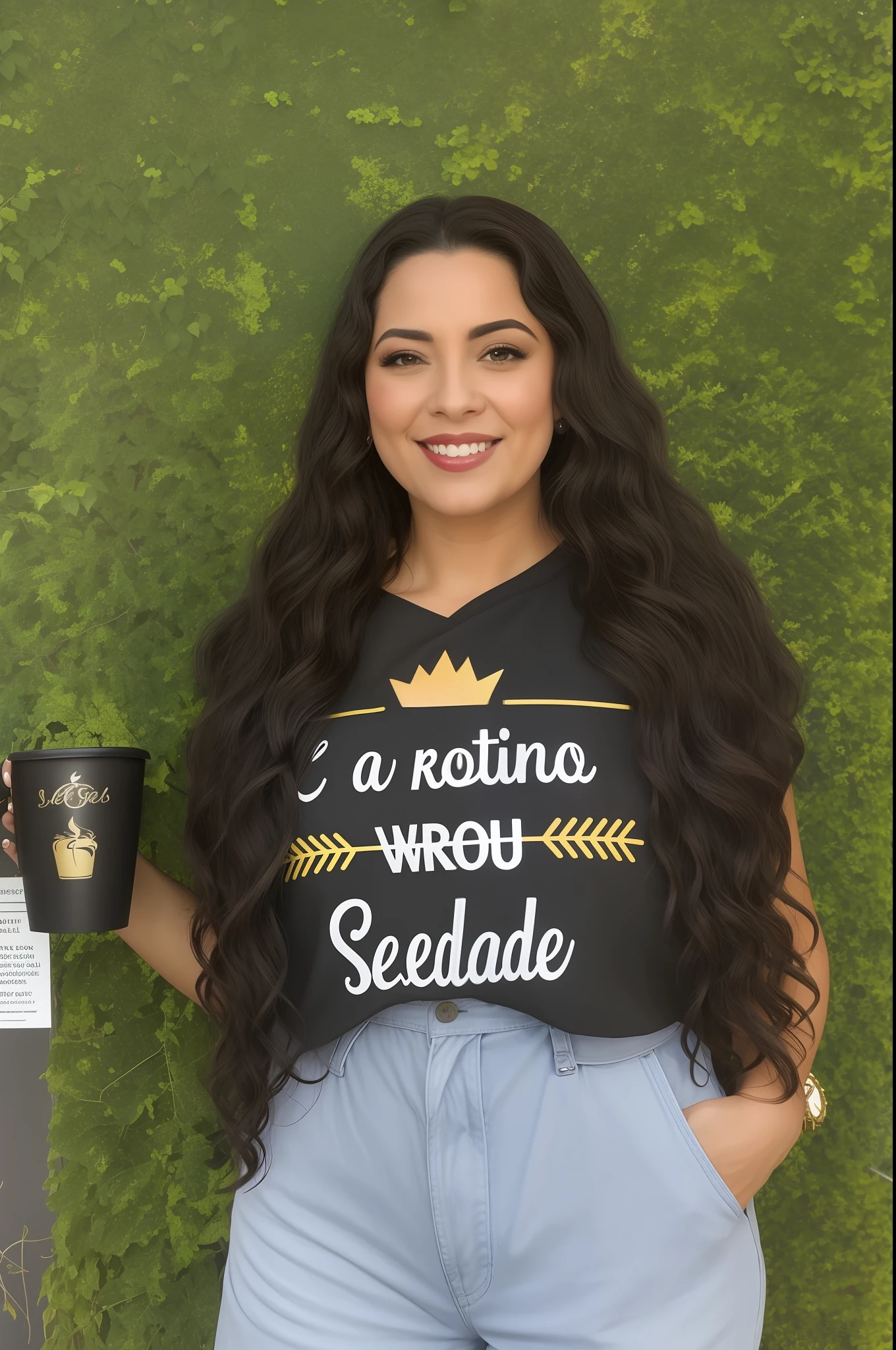 Smiling woman with a cup of coffee and a baseball bat, andrea rocha, Parece Fabiula Nascimento, longos cabelos cacheados pretos, preto longo cabelo encaracolado longo, pele latina, longos cabelos negros encaracolados, brasileiro, longos cabelos cacheados pretos selvagens, by Almada Negreiros, Directed by: Nandor Soldier, Karla Ortiz, Malika Favre