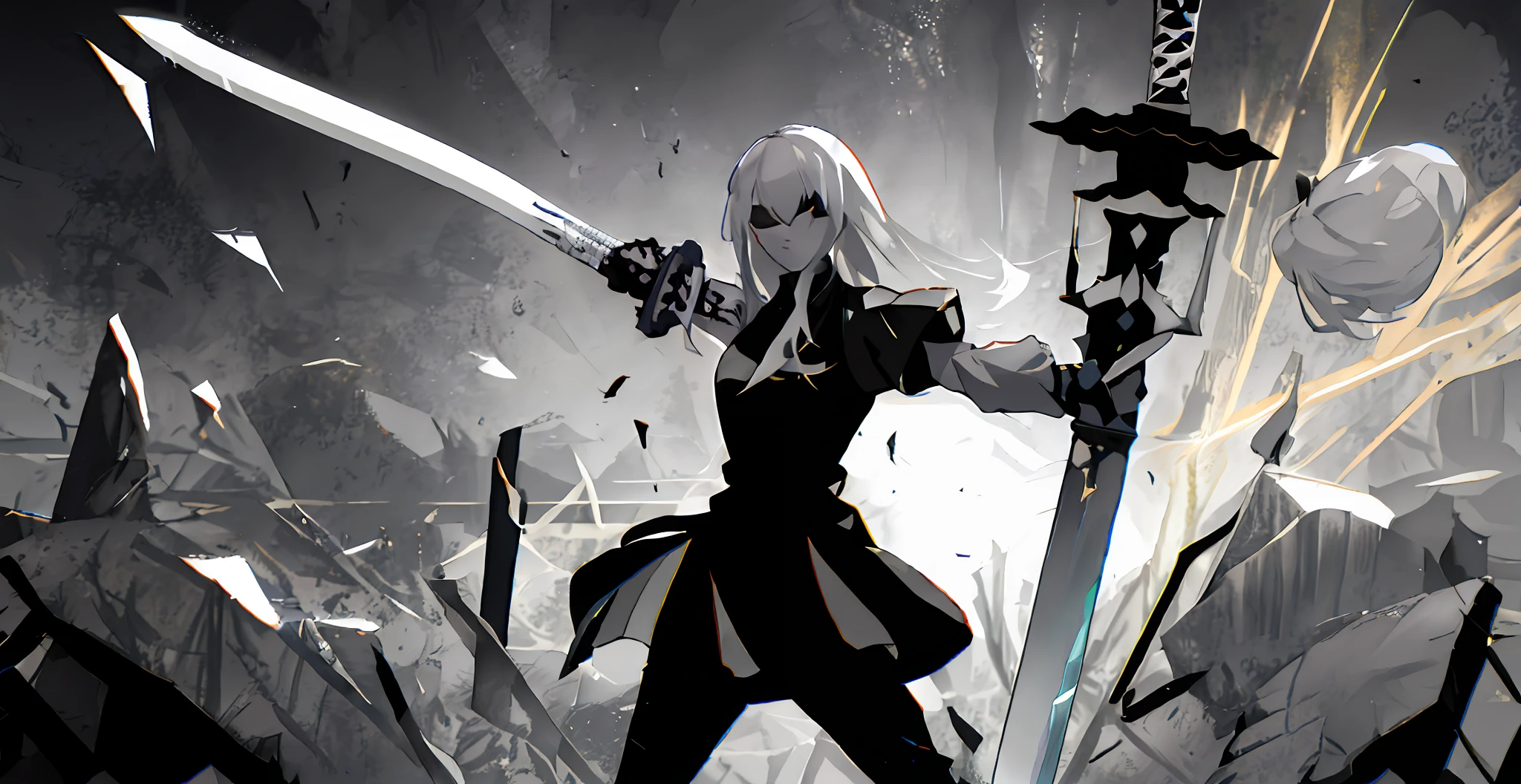 ,long whitr hair,whaite hair,Giant sword,Combat posture,spark of light