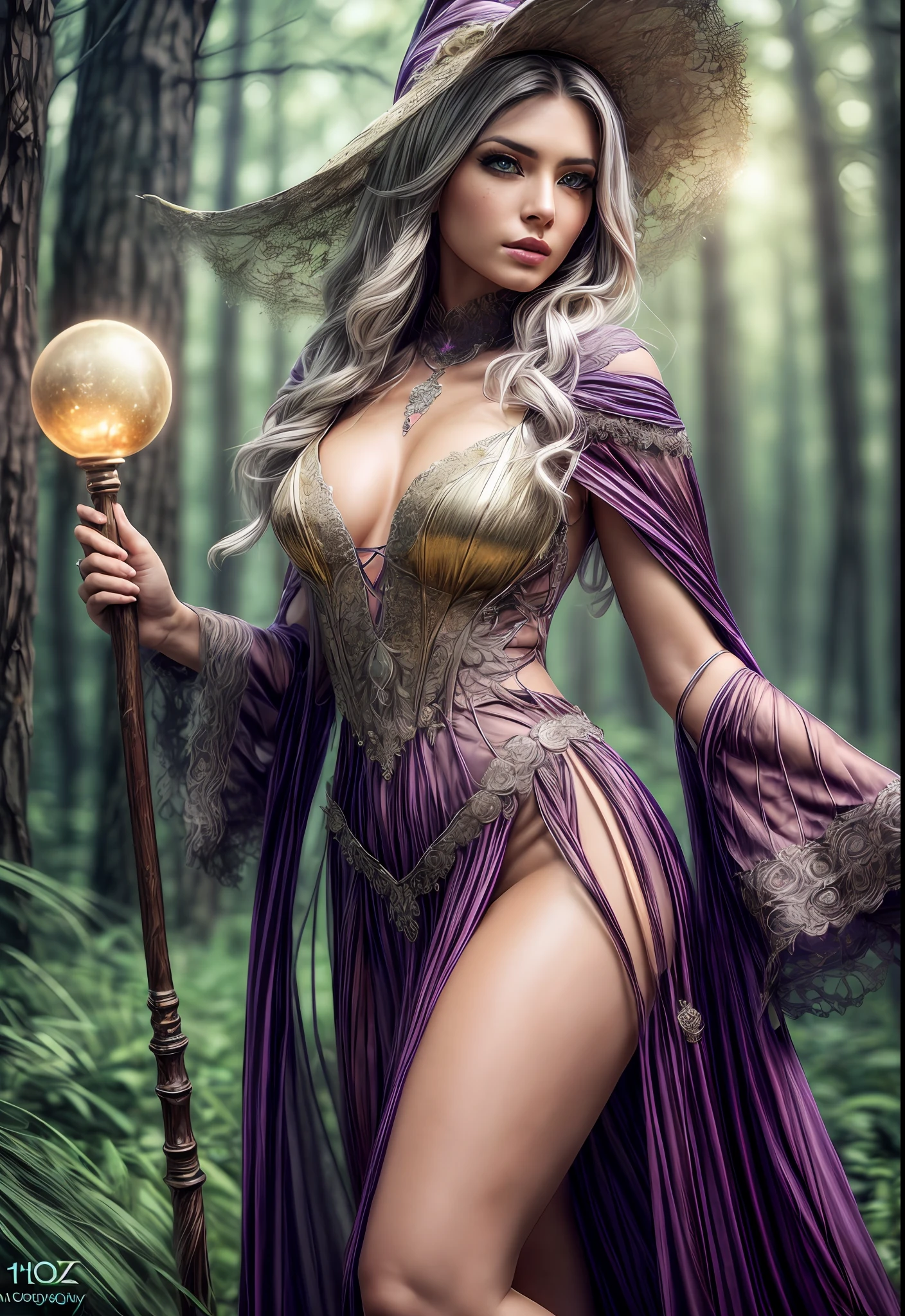 A beautiful mage build from mmorpg game with a long purple glowing dress, a golden headband with a jewel in it, holding a full size staff with a glowing orb at the top of it, the witch has special maject, dark eye shadow, dark makeup, walking through a dark forest, glowing, dusty, shallow depth of field, cinematic light, soft light (RAW, analogue, Nikon Z 14mm ultra-wide angle lens, award-winning glamour photograph, ((best quality)), ((masterpiece)), ((realistic)), tessellation, ambient occlusion, ray-tracing, subsurface scattering, radiant light rays, high-res, detailed facial features, high detail, sharp focus, smooth, aesthetic, extremely detailed, (extremely detailed eyes, extremely detailed iris), extremely detailed hair, extremely detailed skin, extremely detailed clothes, octane render, photorealistic, realistic, post-processing, max detail, realistic shadows, roughness, natural skin texture, real life, ultra-realistic, photorealism, photography, 8k UHD, photography, hdr, intricate, elegant, highly detailed, sharp focus, stunning,), 8k, intricate, elegant, highly detailed, majestic, digital photography, (masterpiece, sidelighting, finely detailed beautiful eyes: 1.2), HDR, wide angle camera, full portrait, full body