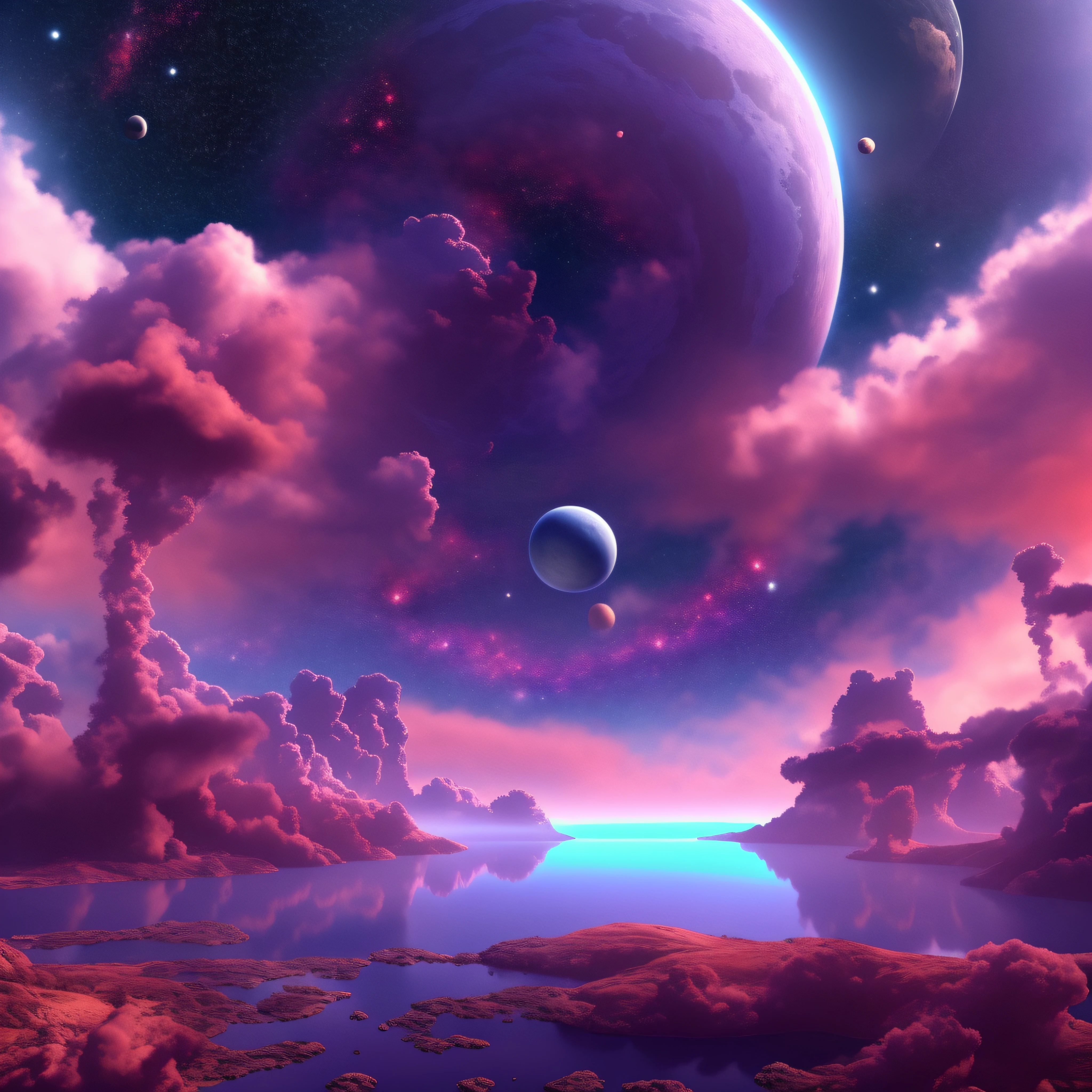 a space art Galactic Landscape, shore, sky with big clouded planet, concept art, vector, high quality, big details view, Unreal Engine, Octane Rendering, Ultra High Quality, Ultra High Resolution, Surreal, Color Correct, Good Lighting Settings, Good Composition, Sharp Edges, Harmonious Composition, Ultra Precision, Masterpiece, Award-winning work, plantes defined, perfect composition, well defined circular planet