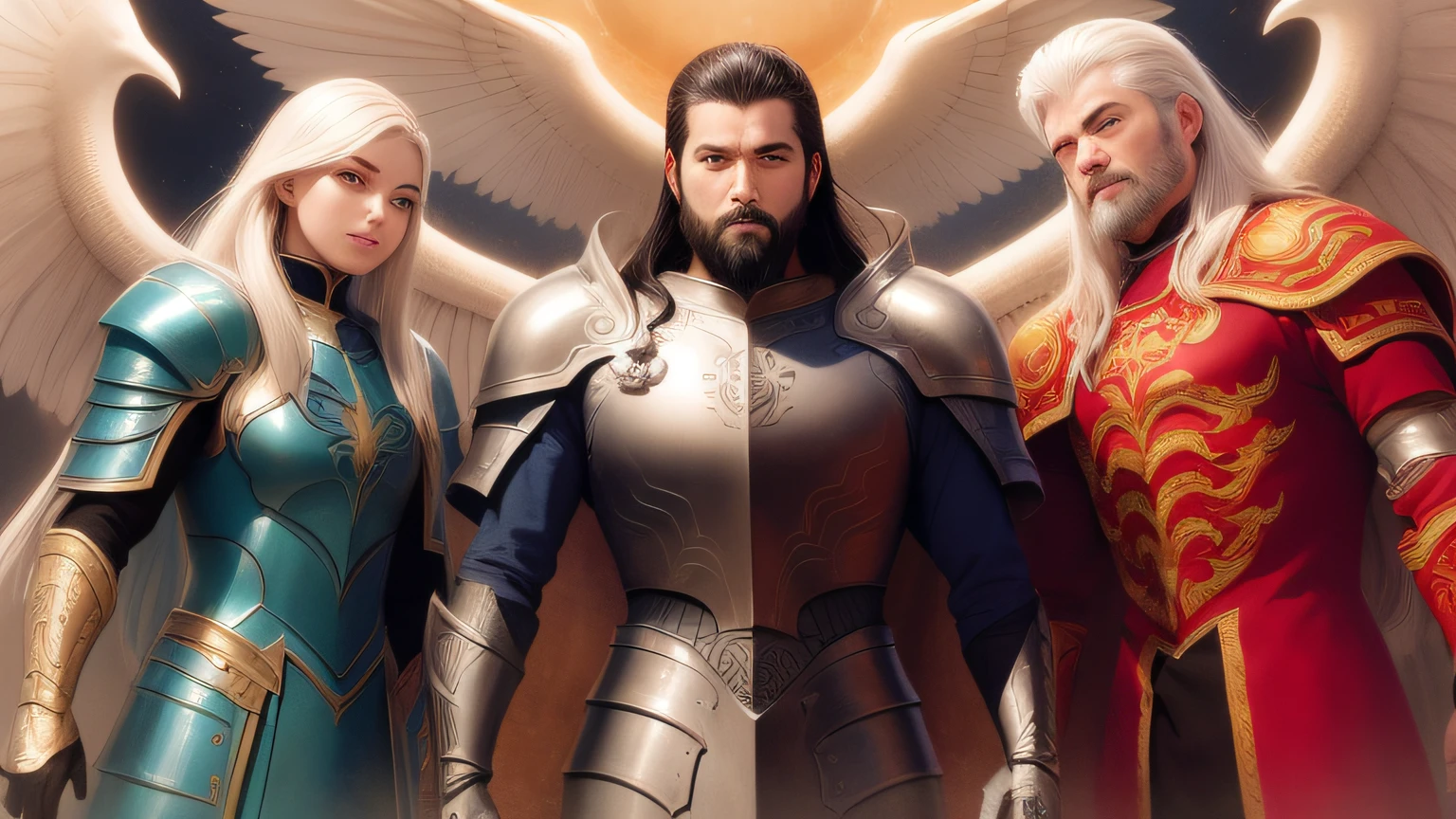 a group of people dressed in armor standing next to each other, Rossdraw 1. 0, Godrays Pintura Digital, Rossdraw 2. 0, rossdraws global illumination, arte oficial altamente detalhada, heroes of might and magic, Rossdraw e Boris Vallejo, Artgerm e RossDrew, Graphic artist Magali Villeneuve, Pintura digital RossDraw --auto