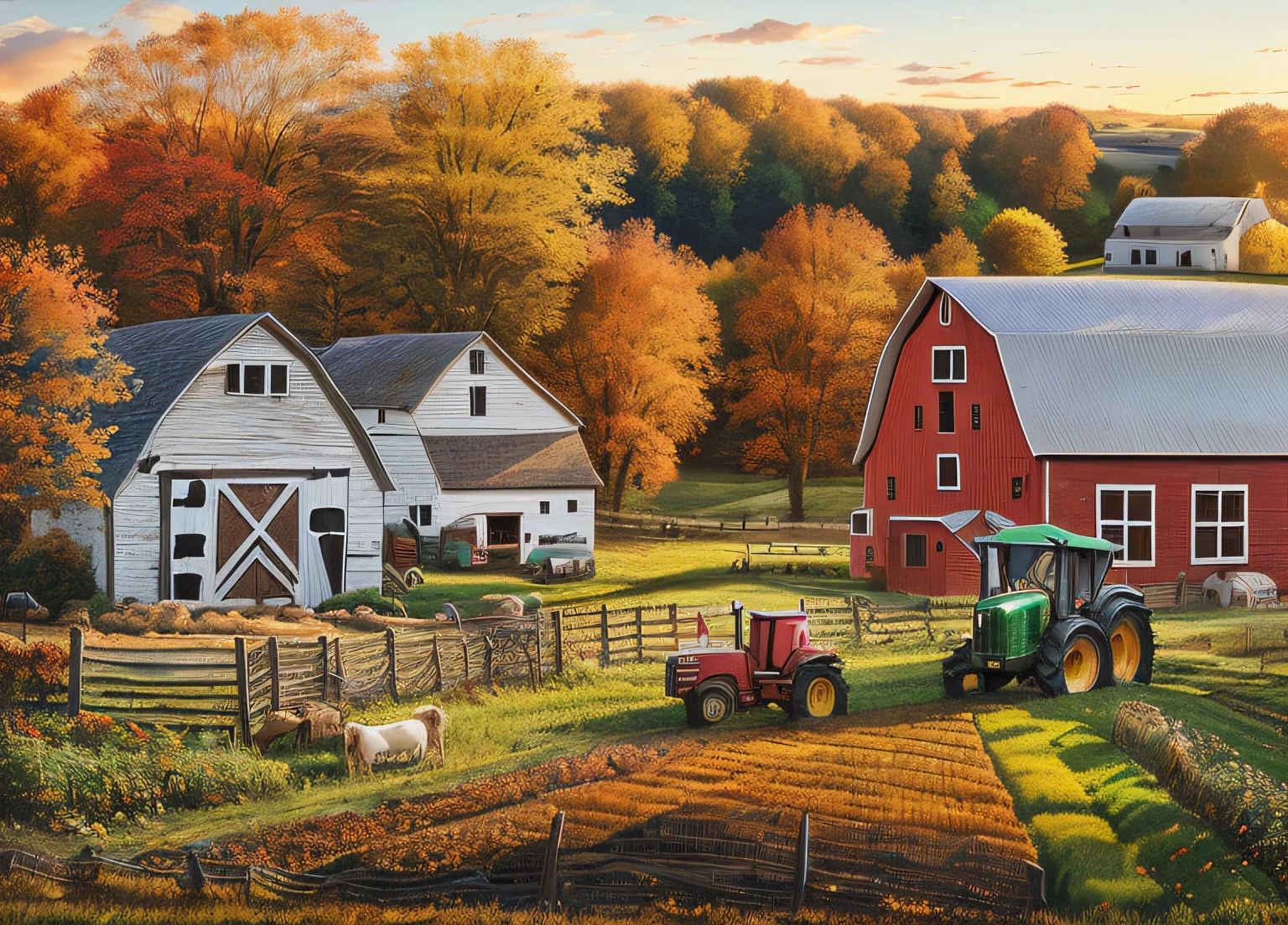 arafed image of a farm with a tractor and farm buildings, rural splendor, country landscape, scenery artwork, scenery art detailed, countryside city scene, autumn season, farm background, beautiful high resolution, colorful scene, next to a red barn, detailed scenery —width 672, rich picturesque colors, next to a farm house and a barn