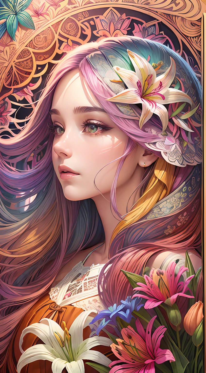 (illustration:1.3),paper art, zentangle,3D rendering,with rainbow colored background, fall season,(Beauty side face,Long colored hair:1.3),(the lilies:1.2), Colorful, Best quality, Detailed details, Masterpiece, offcial art, Cinematic lighting effects, 4K,