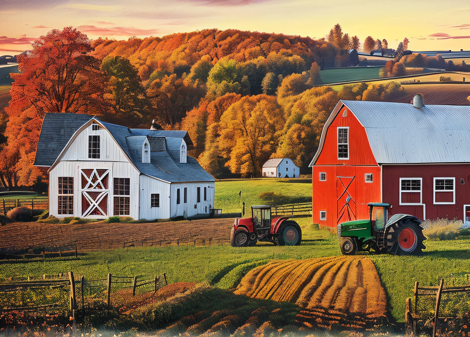 arafed image of a farm with a tractor and farm buildings, rural splendor, country landscape, scenery artwork, scenery art detailed, countryside city scene, autumn season, farm background, beautiful high resolution, colorful scene, next to a red barn, detailed scenery —width 672, rich picturesque colors, next to a farm house and a barn