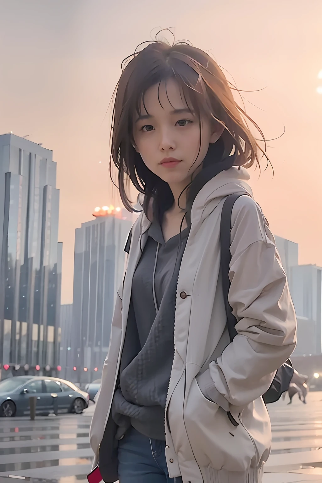 1girl, jacket, rain, outdoor, hoodie, open jacket, chain, backpack, looking at another, messy hair, trending on artstation, 8k resolution, highly detailed, anatomically correct, sharp image, digital painting, concept art, trending on pixiv, style of makoto shinkai,