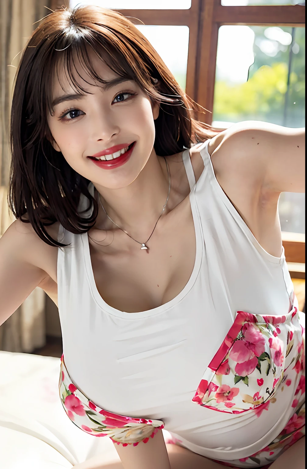 (A hyper-realistic), (illustratio), (hight resolution), (8K), (ighly detailed), (The best illustrations), (beatiful detailed eyes), (top-quality), (ultra-detailliert), (masterpiece), (wall-paper), (详细的脸), a bed、Upper body close-up,Armpit, A smile,Plump,独奏,Girl in white tank top with open chest, japanes, large full breasts, (camel's toe)、huge-breasted、Detailed, well-groomed white teeth、Ultimate Beauty、shot on the Canon EOS R 6、full of sweat、(beautiful detailed teeth)、Silver necklace、Park with sunshine、Perfect and beautiful female hands、Perfect tooth alignment、Perfect fingers、Navel dashi、Mansuji、Beautiful butt、
