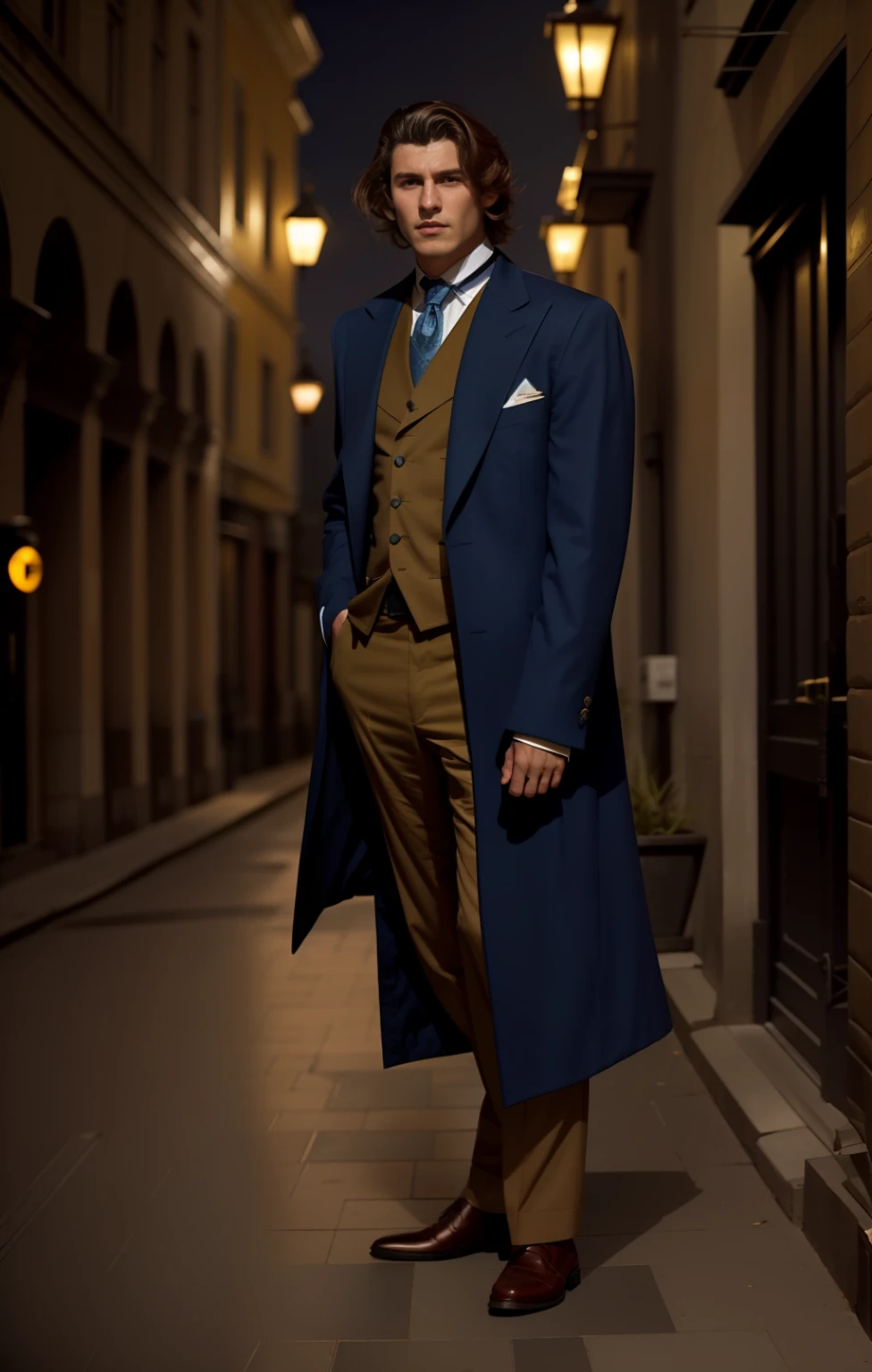 Man in blue coat and brown pants standing on a street, inspirado em Max Magnus Norman, epic and elegant portrait, cinematic full body shot, photoshoot de moda high-end, elegante, inspirado em Ramon Pichot, bonito e elegante, Directed by: Emma Andijewska, inspirado em George Barret, Jr., casaco de trincheira e terno,  35MM Film, grainy photo